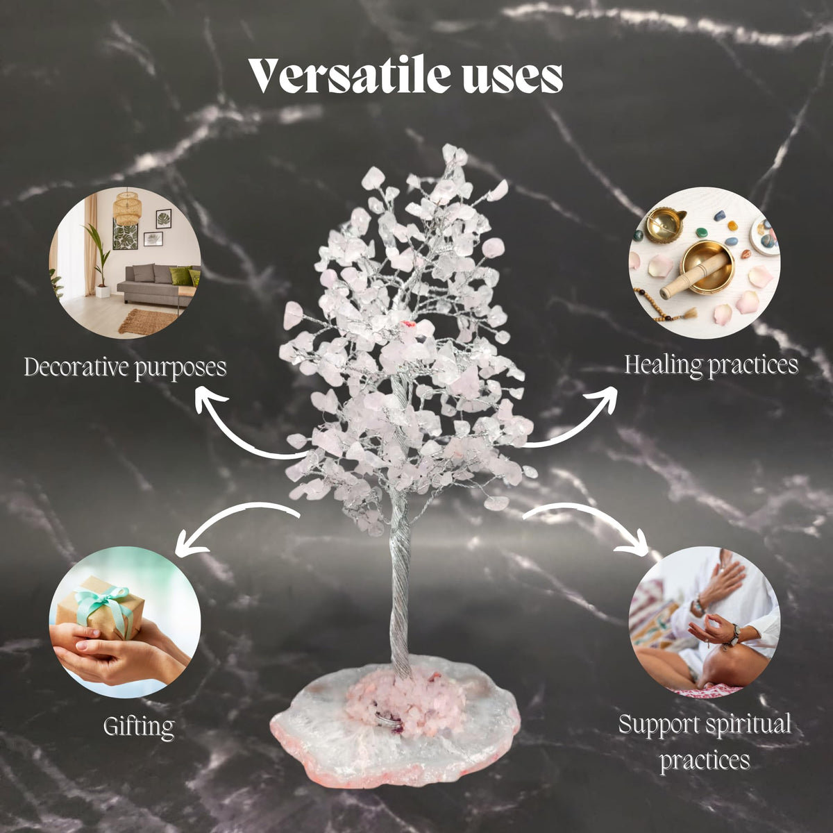 ZAARIYA Rose Quartz Crystal Tree with Bracelet for Home Decor, Healing, Spiritual Gifting, Room Decor, New Year & Good Luck Gifting | Made from Genuine Crystal Stones (9 x 3 Inches)