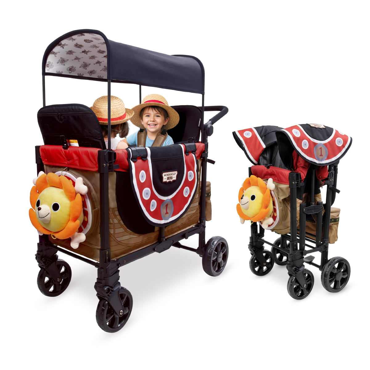 WONDERFOLD W2 Elite Pro Limited Edition ONE PIECE Thousand Sunny Stroller Wagon 2 Seater - Collapsible Wagon Stroller with Seats w/ 5-Point Harnesses, Easy Access Zipper Door, and Removable Sun Canopy