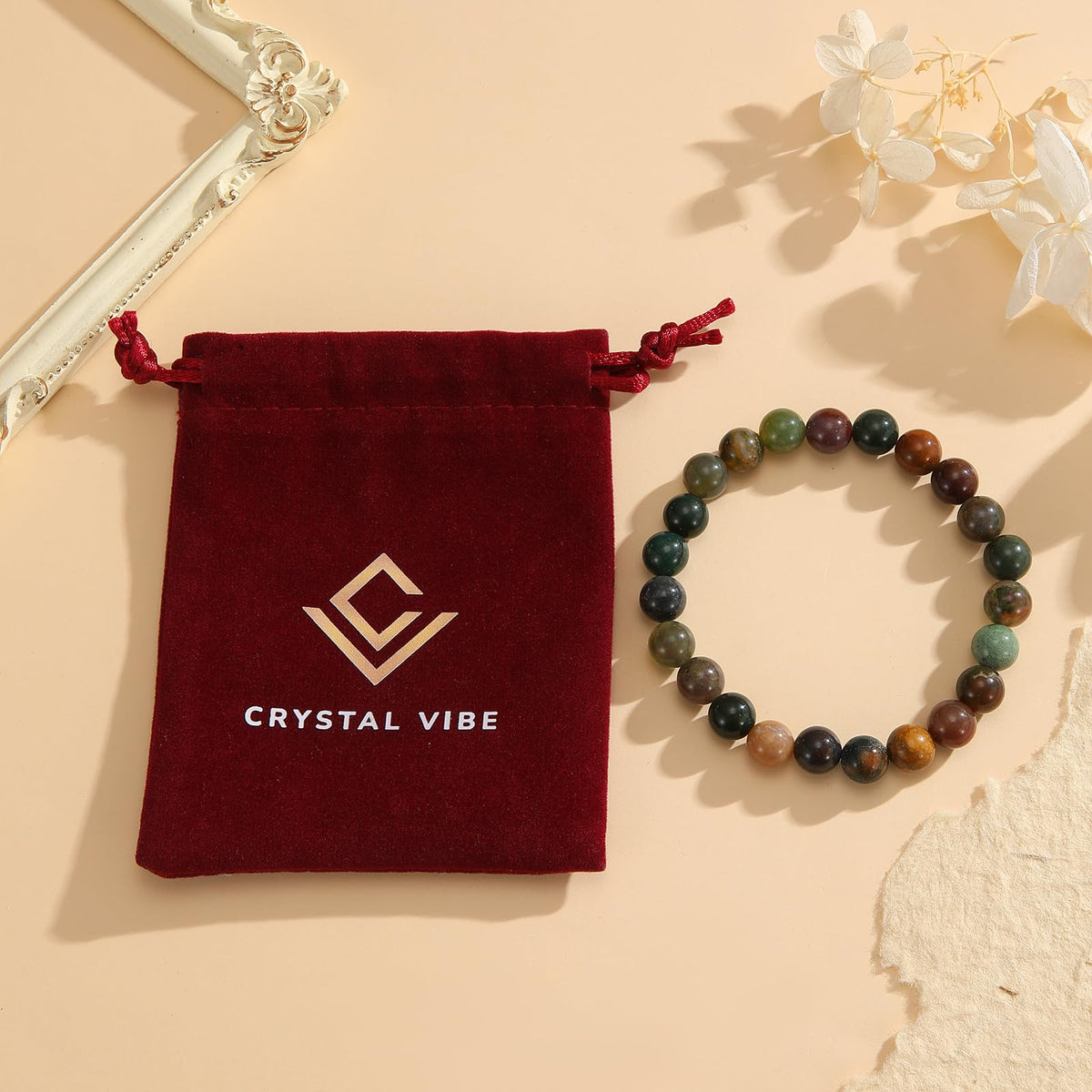 Crystal Vibe Stability Bracelet – Indian Agate Bracelet for Strength, Calm & Balance – Natural 8mm Gemstone Beads Bracelet for Men Women