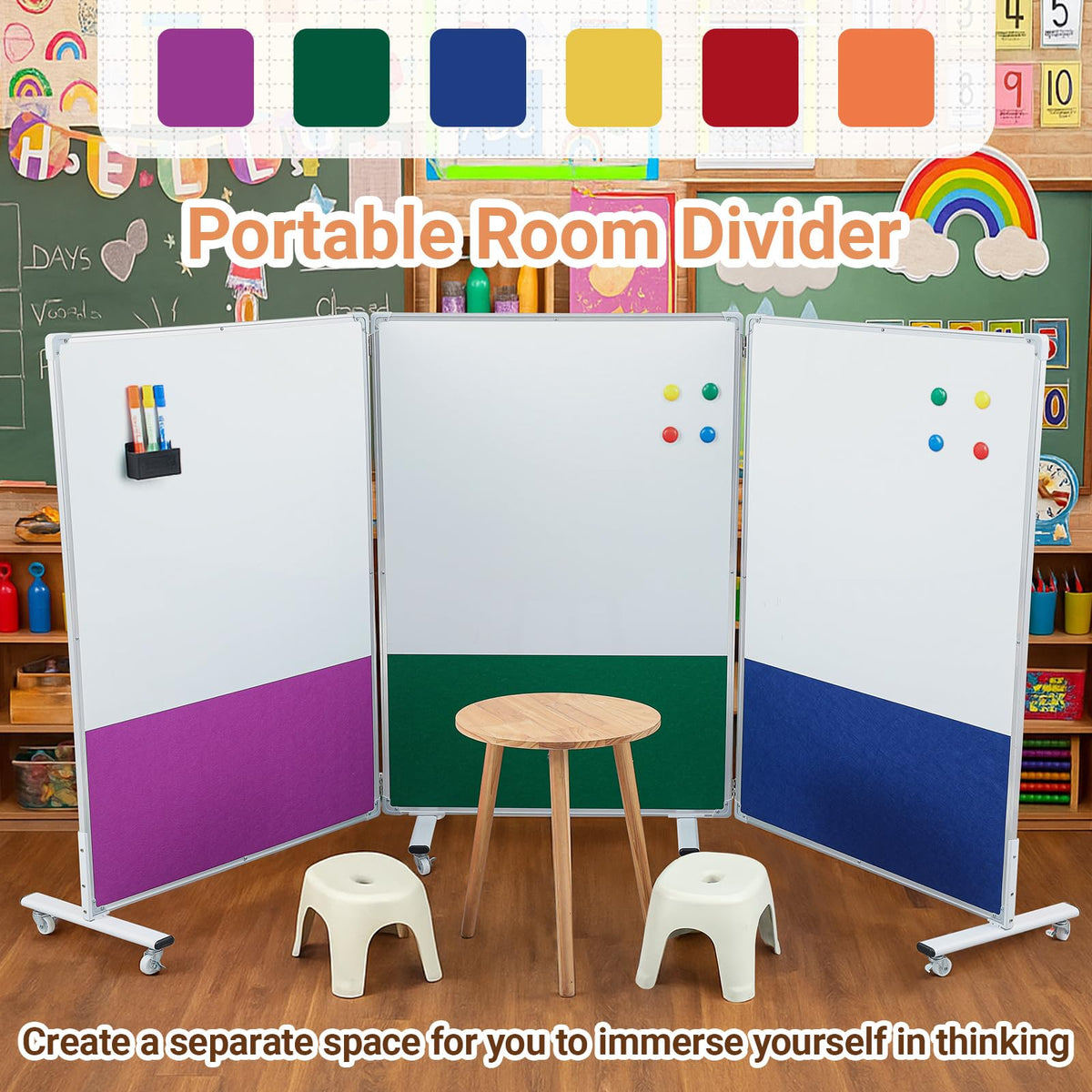 AmazingSpark Set of 3 Classroom Dividers for Room Separation, 4 x 8 ft Short Play Panels for Room Divider, Double-Sided Magnetic Dry Erase Board and Felt Board for Preschool(Bright)