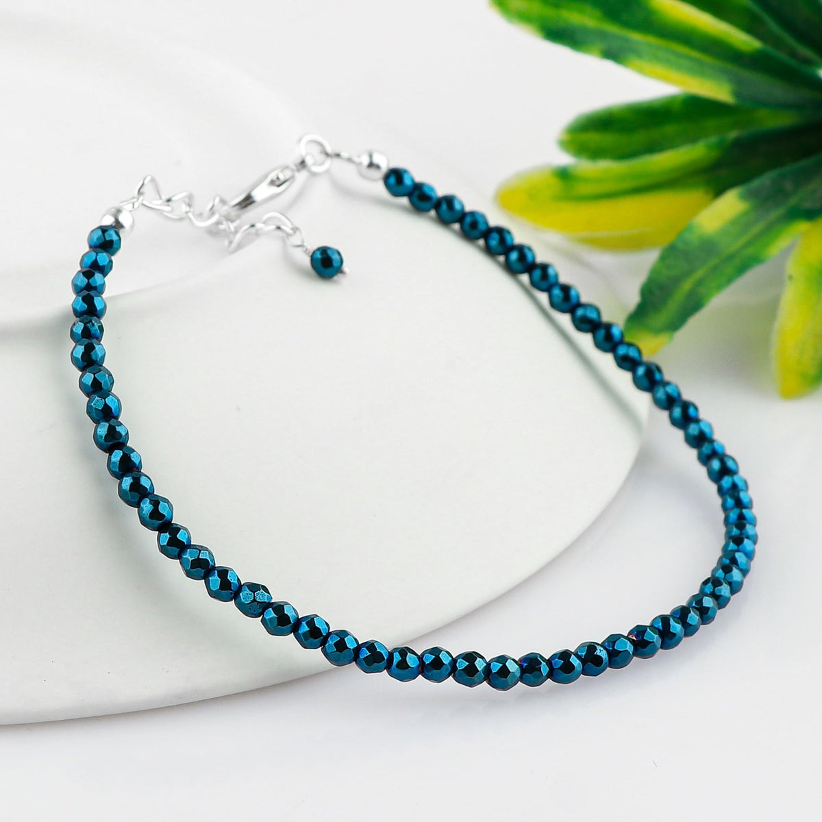 CRYSTALINES Genuine Blue Hametite Gemstone Bracelet, Faceted Beads Stones, Hypoallergenic Handmade Boho Jewelry for Women, Healing Crystals, Adjustable Silver Chain 7+1inch, Birthday Gift