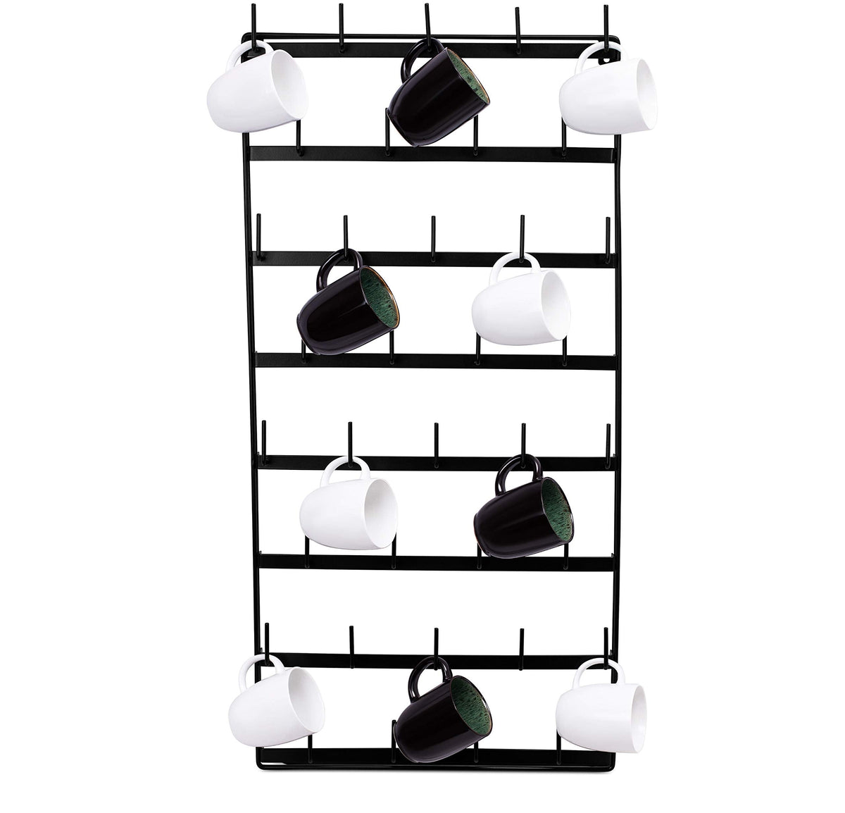BIRDROCK HOME 36 Peg Coffee Mug Organizer Wall - 8 Tier Wall Mounted Coffee Mug Holder - Tea Cup Display Shelf Wall Mounted - Heavy Duty Decorative Kitchen Bar Organizer Flat Metal Steel Rack - Black