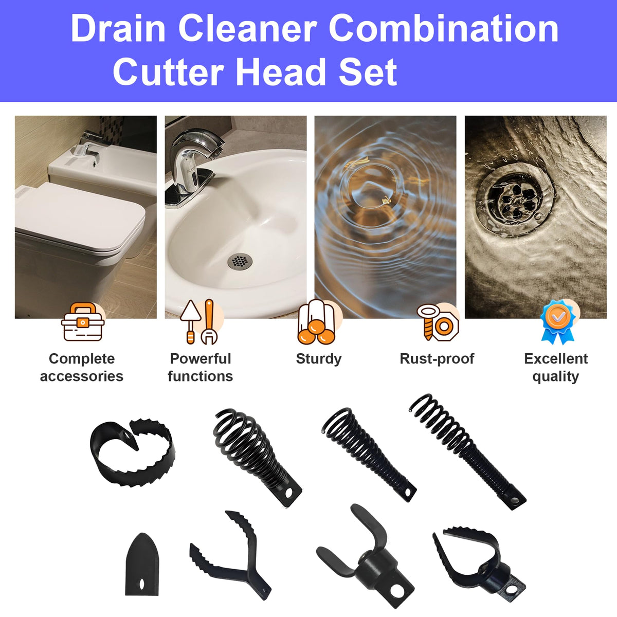 9 PCS Drain Snake Drill Attachment,Drain Cleaner Combination Cutter Head,Root Cutter For Drain Cleaning,Used in 50ft-100ft Ac Drain Cleaning Machine,for 5/16” To 3/4” Drain Snake Cables
