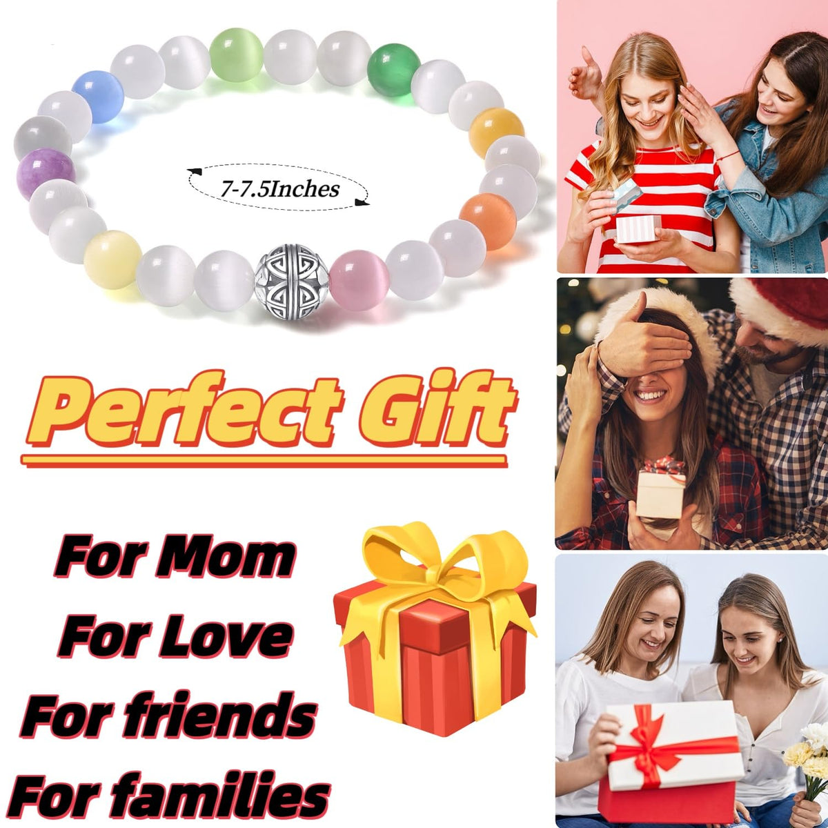 MetJakt Healing Crystals Beaded Bracelets for Womens Natural Gemstone 8mm Beads Stretch Bracelets with 925 Sterling Silver Double Happiness Pendant (Multicolored Cat's Eye Stone)