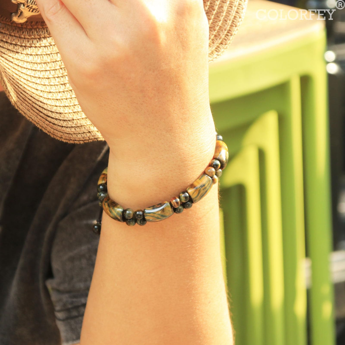 COLORFEY Tiger Eye Stone Bracelet for Men Authentic Mens Beads Bracelets Unique Tiger Eye Crystal Bracelet for Men, Unltimate Protection Mens Stone Bracelet Healing Power Energy Gifts for Father Son