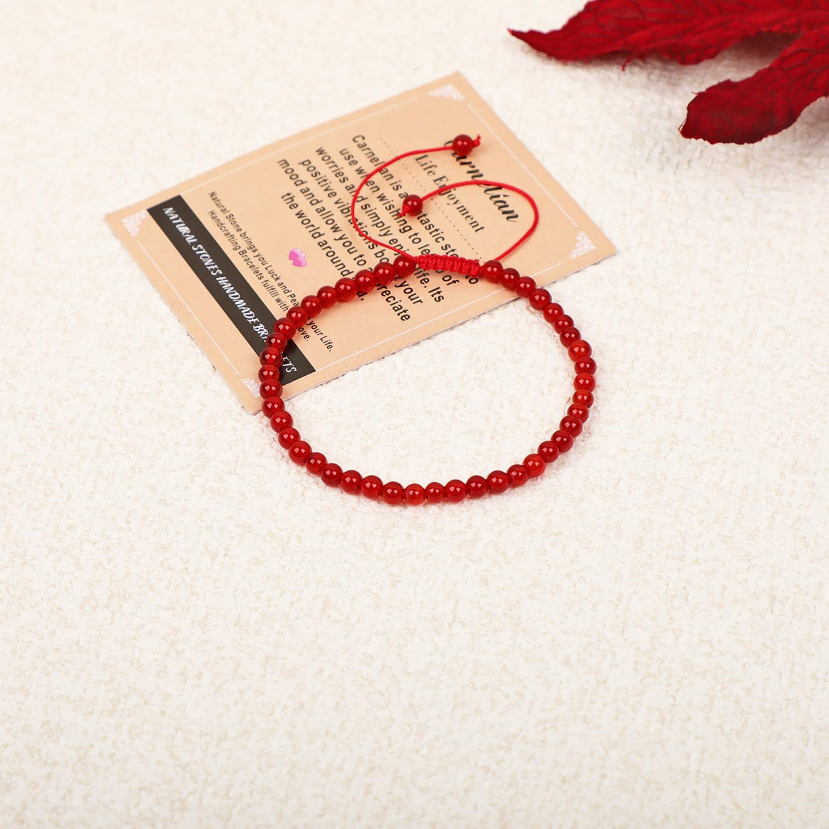 AD Beads 4mm Carnelian Bracelet - Stone of Life Enjoyment - Handmade Natural Stone Crystal Bracelet with Adjustable Macrame String - Yoga Healing Power Energy Gifts for Men and Women