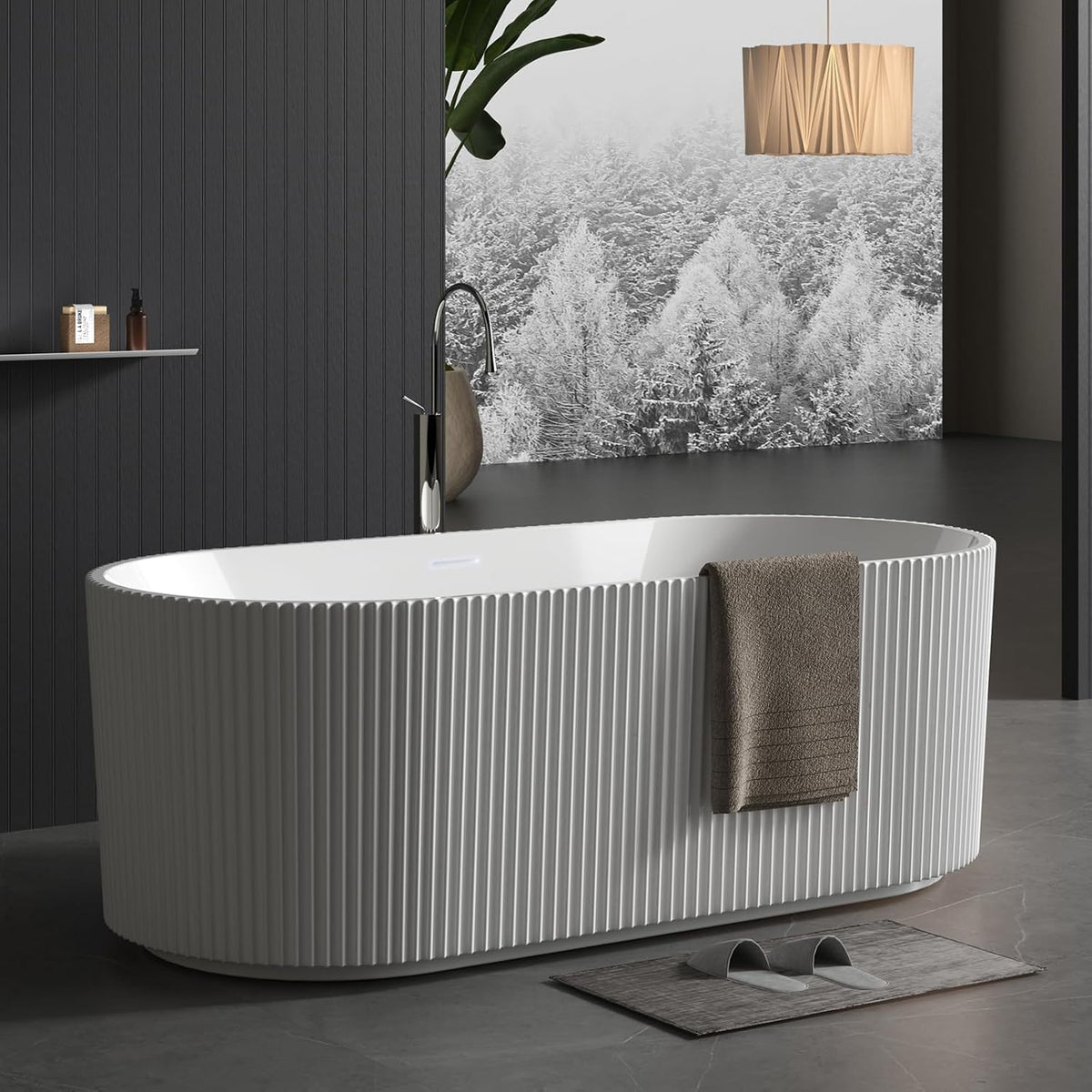 67" Acrylic Freestanding Bathtub, Modern Soaking Tub with Matte Drain and Overflow, Ergonomic Deep Design, Double-Walled Insulation, CUPC Certified, Easy Clean, Slip-Resistant, Gloss White
