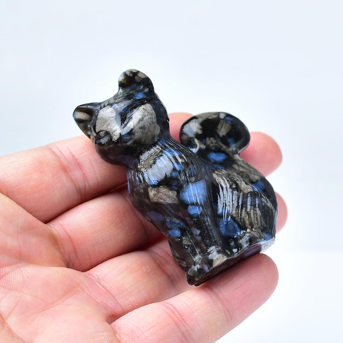 WUYOUSHI Natural Blue Amphibole Crystal Cat Statue 2.4 Inch - Handmade Healing Sculpture, Lucky Guardian Pocket Statue for Reiki Meditation, Office & Home Decoration Gift