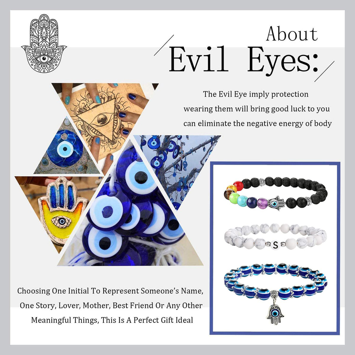 JUVJEW Initial Evil Eye Bracelets Chakra Crystal Bracelet Letter V Beads Lava Stone Bracelets Essential Oil Diffuser Hamsa Amulet Protective Jewelry (V)