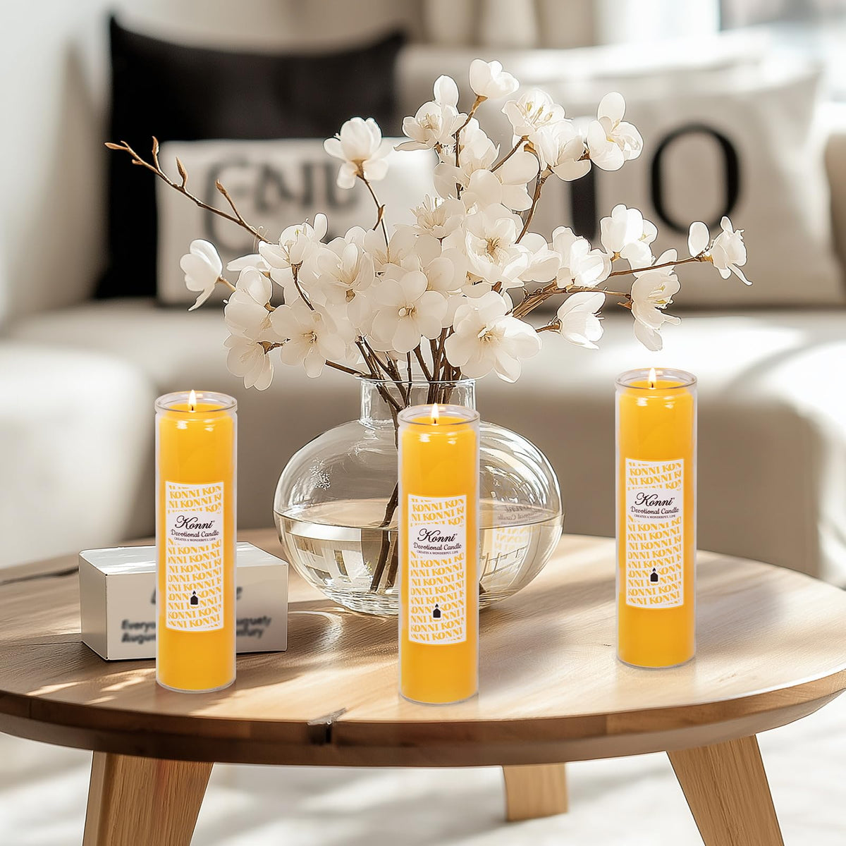 KONNI 2x8 Inch Yellow Pillar Candles in Glass Set of 3, Devotional Prayer Candle, Unscented Religious Candles, 105 Hours Emergency Long Burning, Ideal for Memorials, Vigil, Blessing