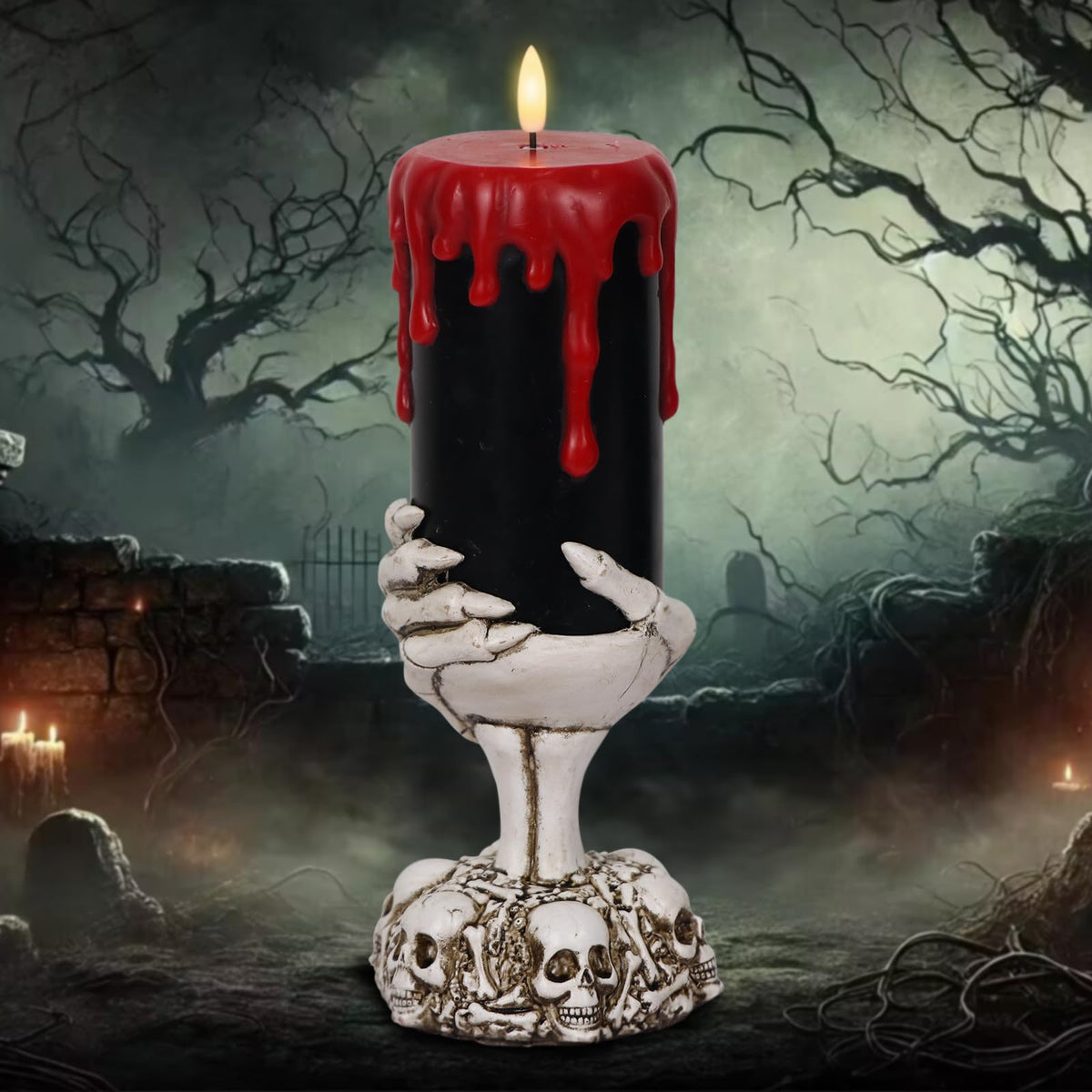 Lasumora Halloween Decorations Black Flameless Candles with 6H Timer, Battery Operated Candles with Skull Hand Candle Holder, Real Wax Dripping Halloween Candle Spooky Halloween Decor Indoor