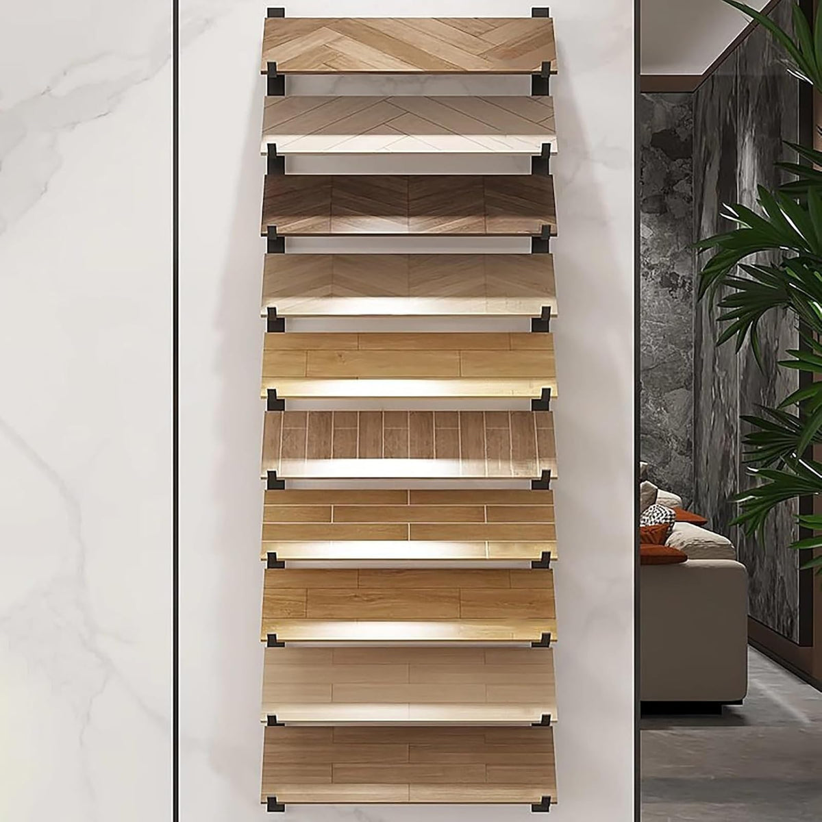 Floor Tile Sample Rack,Wall Mounted Tile Sample Display Rack - 10 Tier Metal & Wooden Storage Holder, Heavy Duty Floating Shelf for Retail Stores, Ceramic & Floor Tiles (White 20.5x140cm)