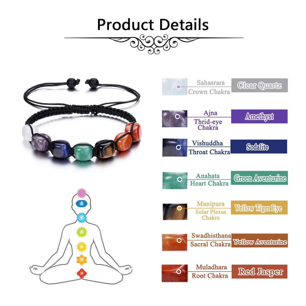 Jovivi 7 Chakra Reiki Healing Crystal Stretch Bracelet Natural Gemstone Energy Balancing Yoga Beads Bracelet Braided Rope for Women Men