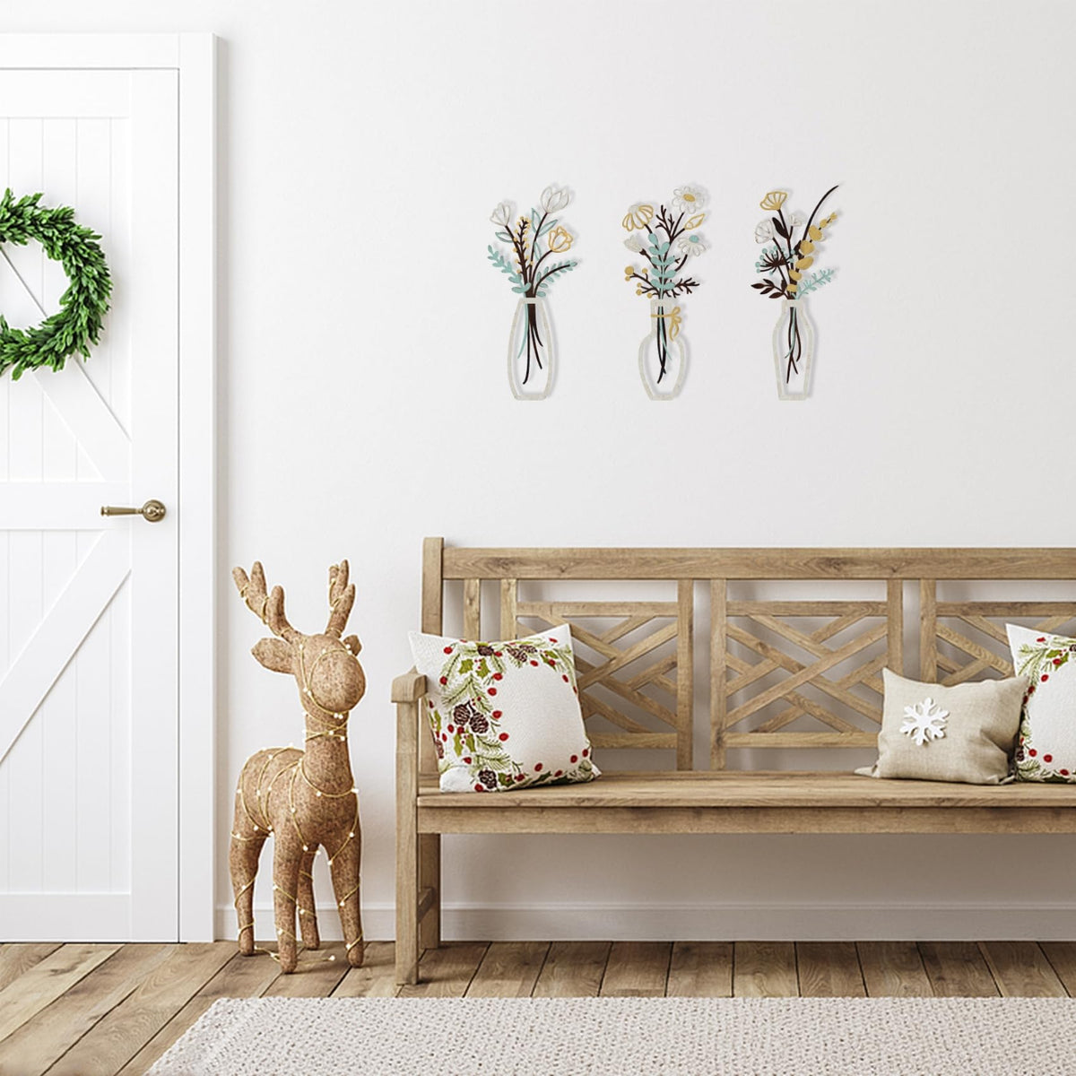 Aikgidtt 3 Pieces Metal Flowers Wall Art Set | Rustic Indoor & Outdoor Wall Decor with Mounting Kit Waterproof Finish for Bathroom Bedroom Living Room | House-Warming Gifts (Beige Gold)