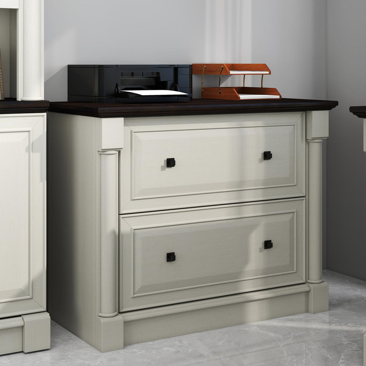 2-Drawer Roman Column File Cabinet, 36.8″ Wide Lateral File Cabinet with Hanging Folders, Fits Letter Legal A4 Size, Elegant Classic Design Home Office Boss Room Printer Stand, White and Brown top