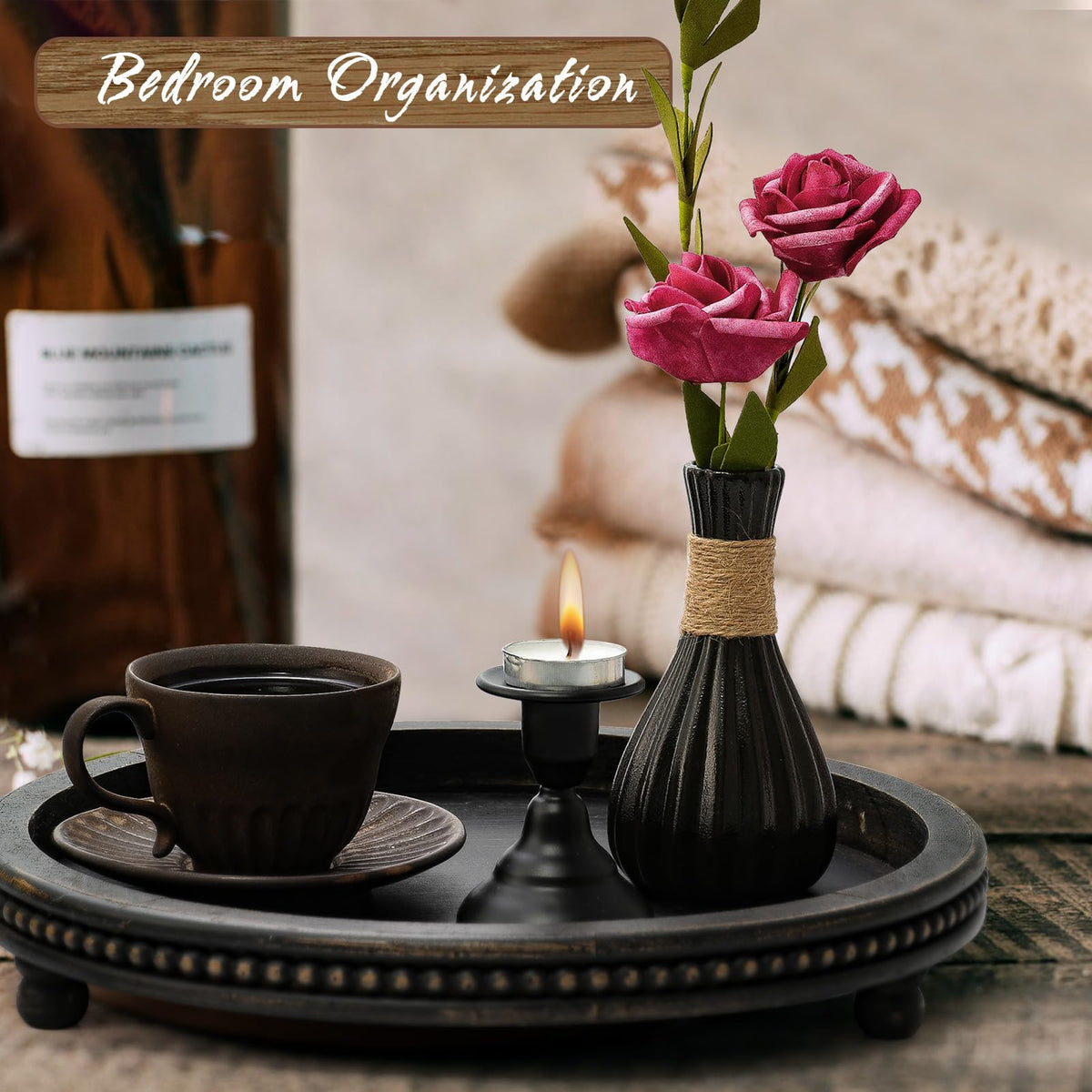 KULEDM Wooden Tray Decor, Small Beaded Coffee Table Tray Decor, Black Round Decorative Tray for Coffee Table, Dining Room Table Entryway and Living Room Table