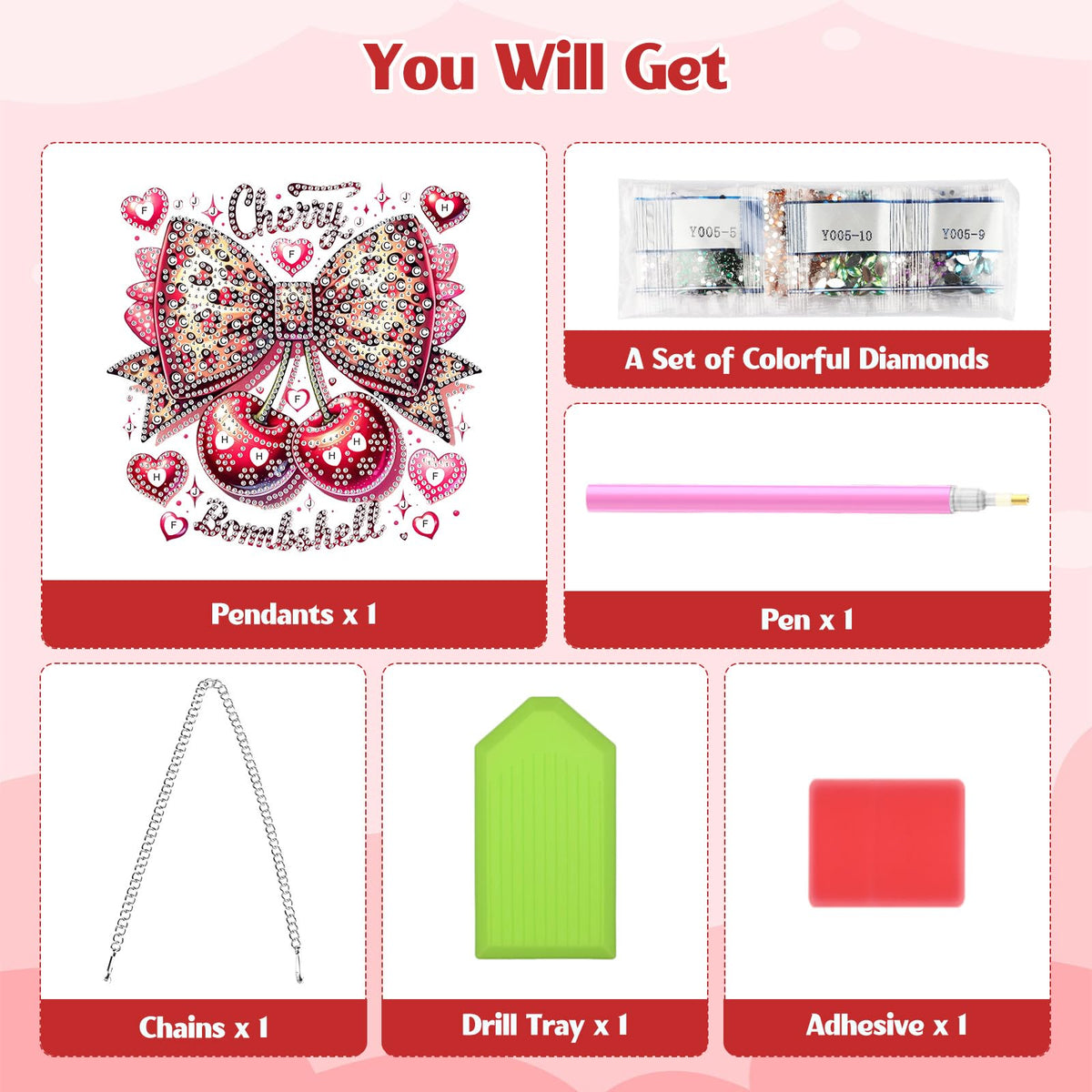 GHHKUD Cherry Bow Diamond Art Hanging Kit for Adults, DIY Double Sided Diamond Painting Hanging Valentines Kits Adults, Special Shaped Acrylic Ornaments Pendants for Window Home Garden Wall