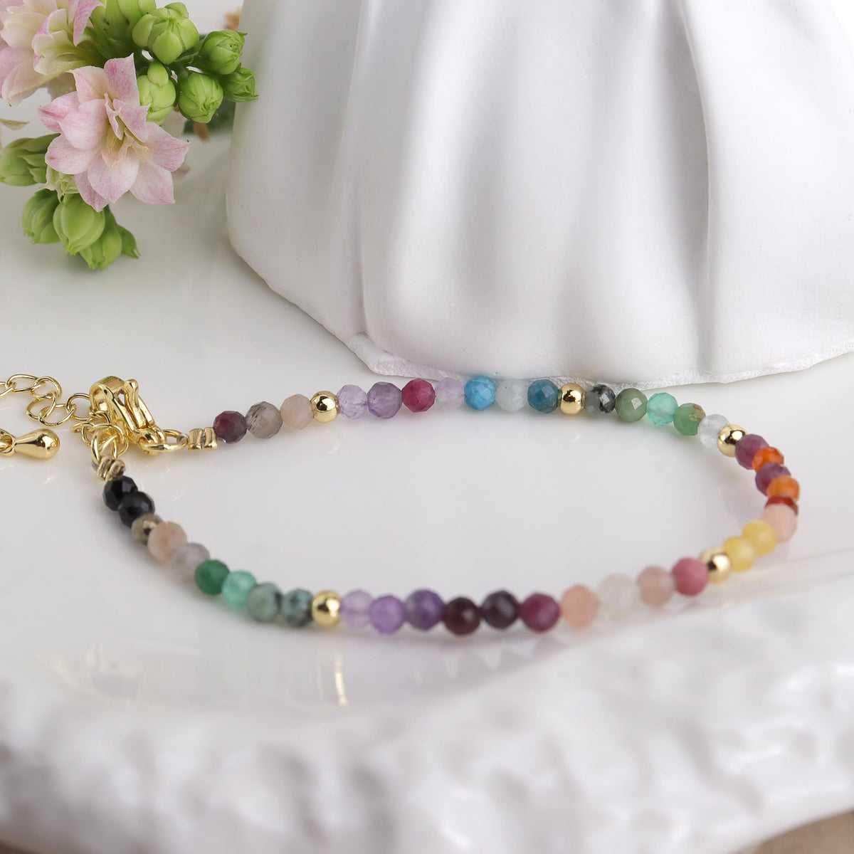 Agriajun Colorful Beaded Gemstone Bracelets for Women, Boho Handmade Rainbow Gold Natural Stone Beads Adjustable Friendship Bracelet Bohemian Jewelry Gift