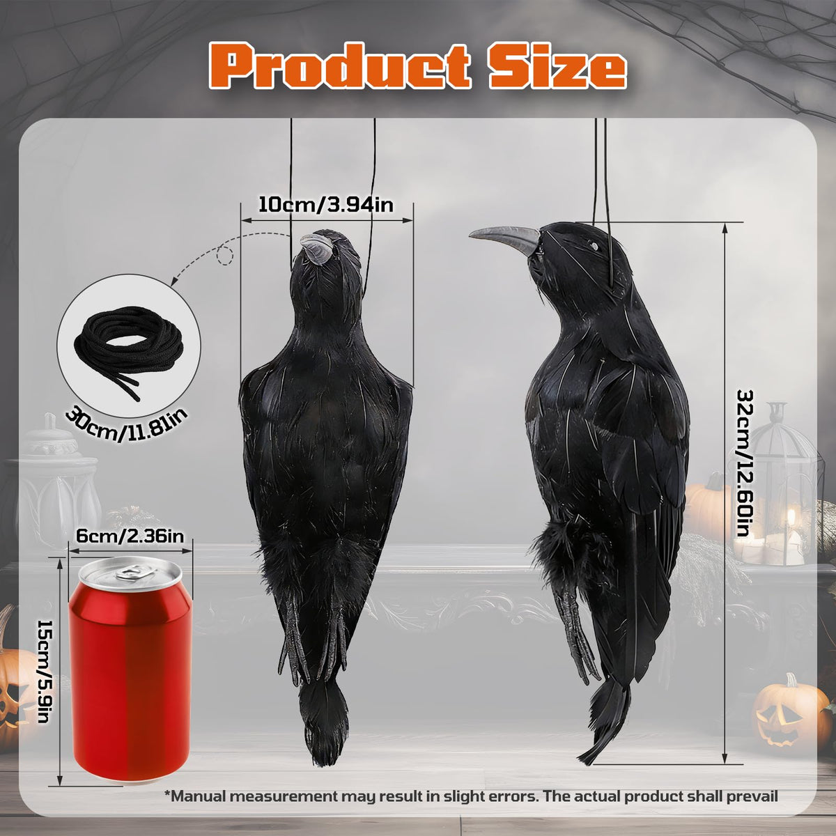 CYTGOUPER Realistic Hanging Dead Crow Decoys,12 Inch Large Lifesize Fake Crow Hunting Bait,Black Feathered Crows Decoy Figuring for Garden Halloween Decor Birds Party Props