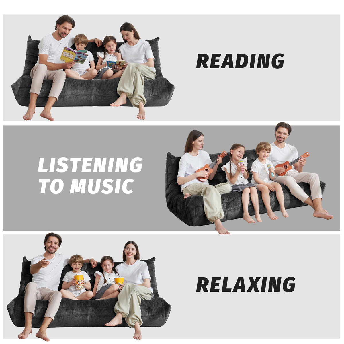 Homguava Bean Bag Chair, Giant Beanbag Chairs for Adults, Memory Foam Fireside Chair, Large Lazy Floor Sofa, Sofa Couch with High-Rebound Foam, Lounge Chair for Living Room, Bedroom (Grey, 3-Seater)