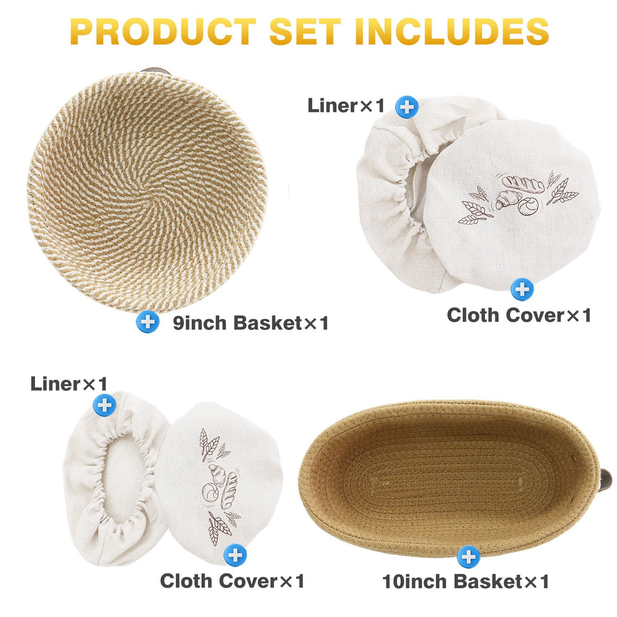Nikkar Banneton Bread Proofing Basket Set of 2, 9 10 11 inches Round & Oval Cotton Rope Sourdough Bread Baking Supplies Proofing Bowls with Liners & Covers Gifts for Bakers Women Wife Mom