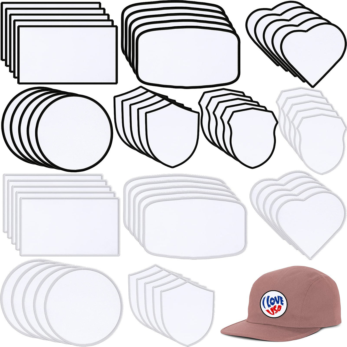 60 Pcs Sublimation Patches Fabric 6 Shapes Iron On Blank Patches Repair Embroidery for DIY Crafts Hats Caps Shirts Shoes Jeans Bags Backpack Uniforms Supplies, Black and White Frame