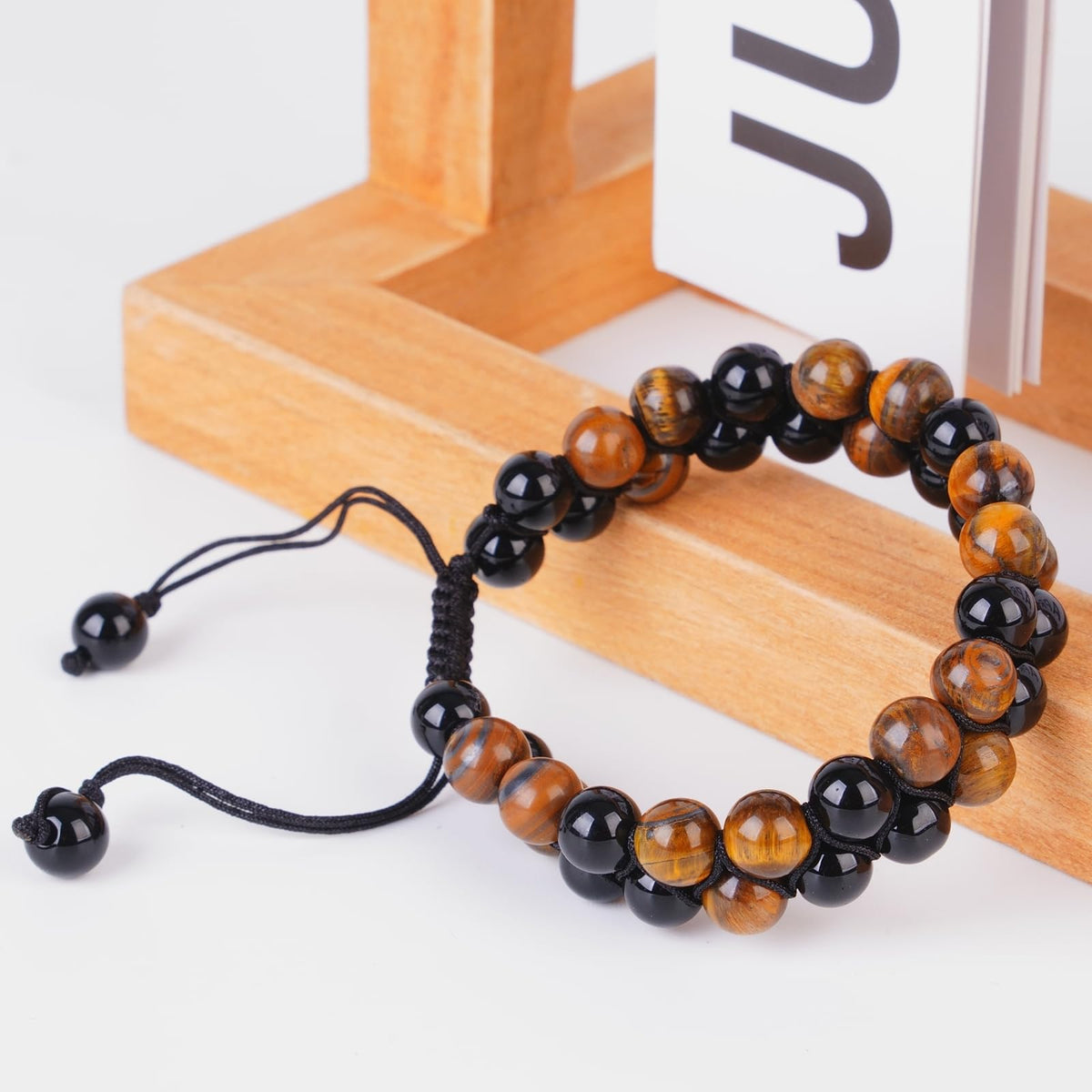 PAKUNDAS Handmade Double Protection Beaded Bracelet for Men Women 8mm Natural Tiger Eye Hematite Stone Adjustable Stretch Crystal Healing Jewelry