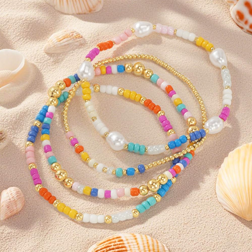 Bohxantium Gold Beaded Bracelets for Women Stack - Boho 14K Gold Plated Stretch Stackable Bracelets Set Pearl Colorful Seed Beads Trendy Dainty Jewelry Summer Beach Jewelry Gift