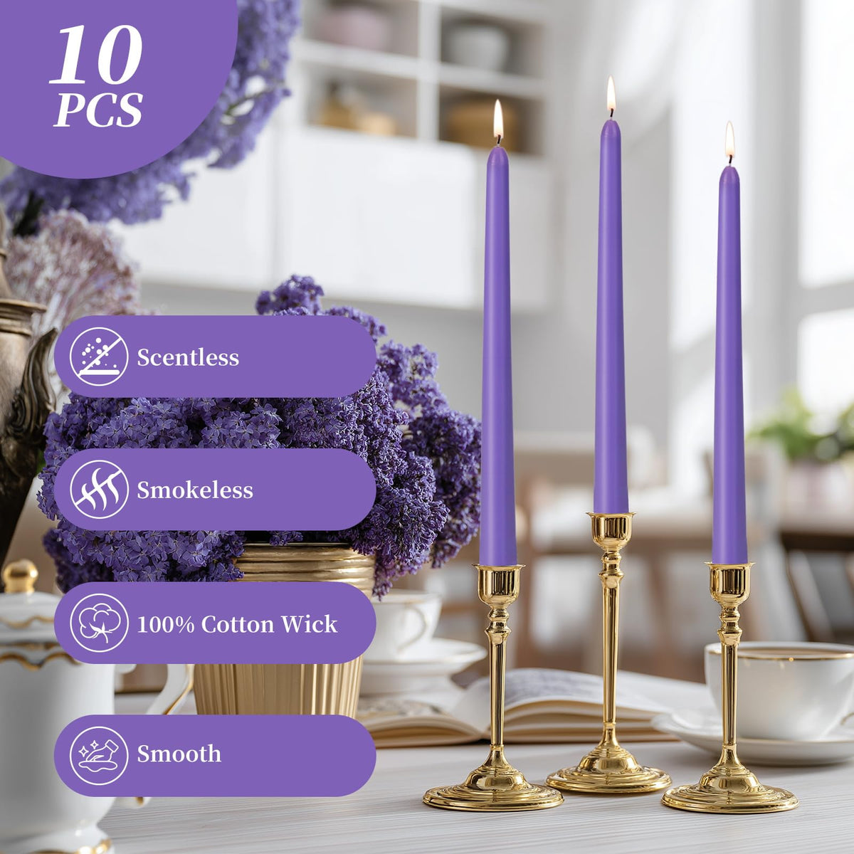 KONNI 0.87×10 Inch Violet Taper Candles, Unscented and Smokeless Tall Candlesticks, 10 Pack Tapered Candles with Cotton Wicks, Long Burning, Ideal for Weddings, Dinner Parties, and Home Décor