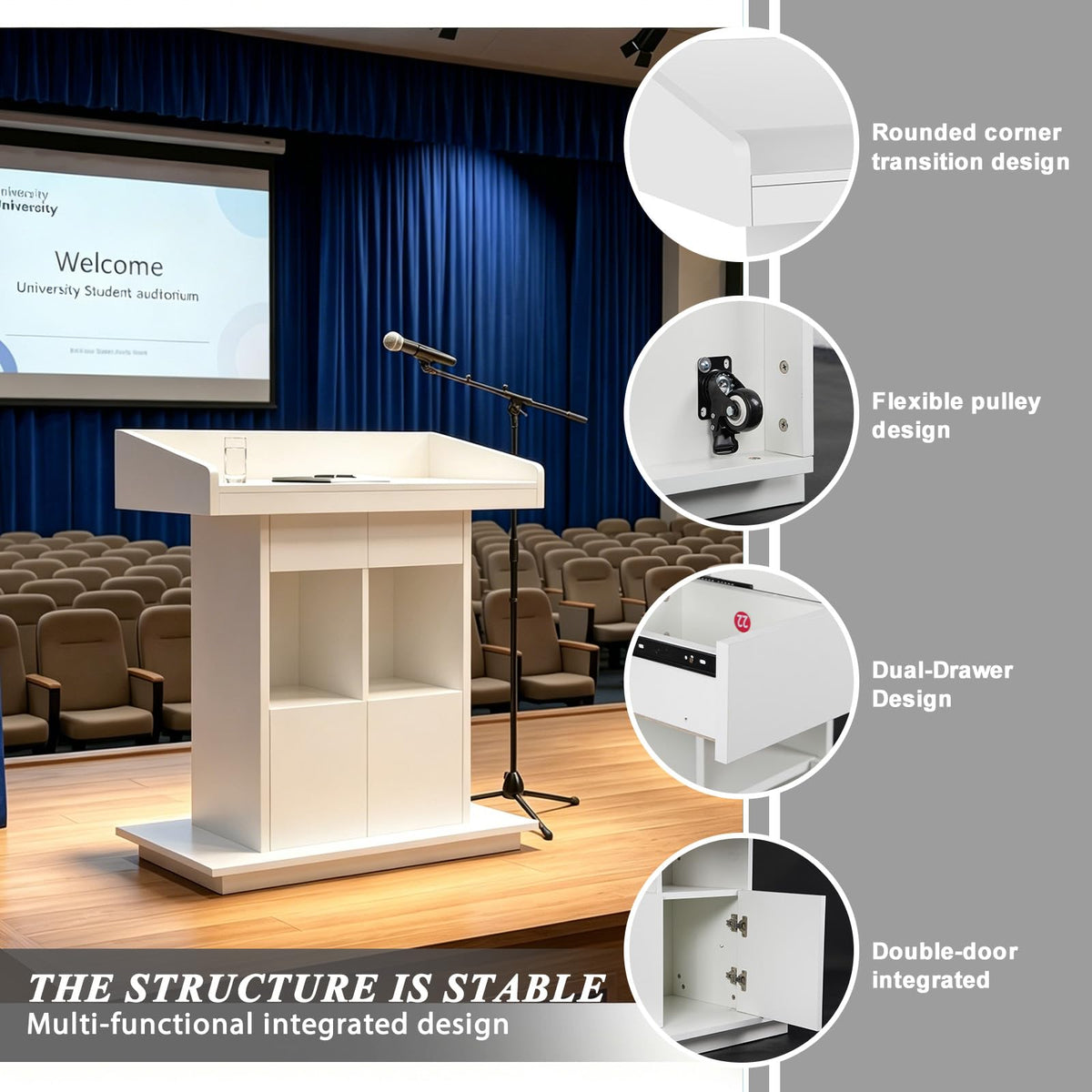 Portable Podium Stand, Podium Stand with Wheels, Church Pulpit with Storage, Church Podium Stands, Wooden Podium, Modern Podium, Lecterns Podiums, L39.4" x W20" x H44.3" (White)