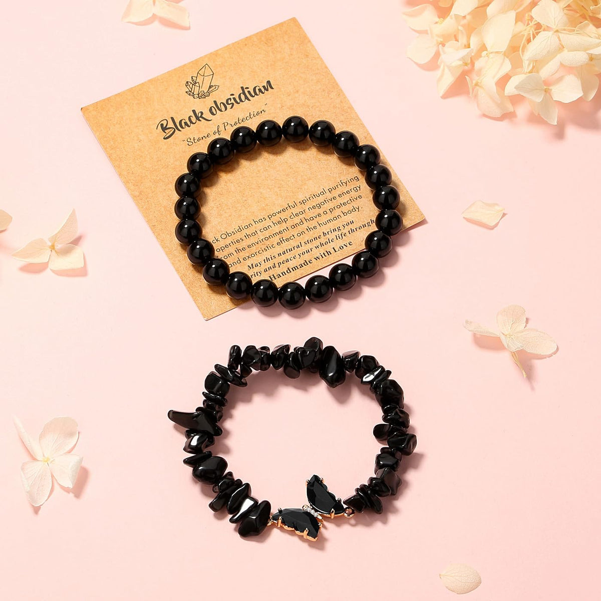 DUQGUHO 2Pcs Black Butterfly Bracelets for Women Obsidian Bracelets Gifts for Women Healing Crystal Bracelet Natural Gemstone Stretchable Jewelry 8mm Black Crystal Beaded Bracelet Gift for Birthday