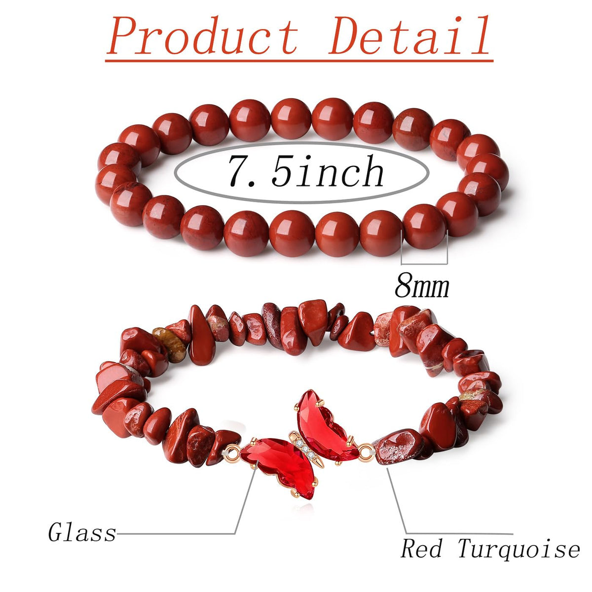 DUQGUHO 2Pcs Butterfly Bracelets for Women Turquoise Bracelet for Women Healing Crystal Bracelet Natural Red Turquoise Jewelry 8mm Beaded Bracelet Gifts for Women