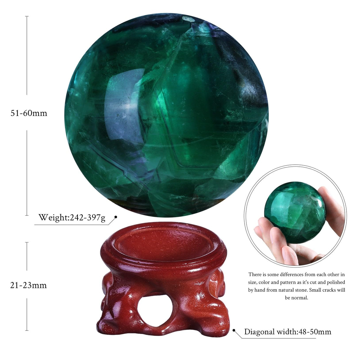 Nupuyai Natural Green Flourite Crystal Ball with Resin Stand, Healing Crystal Sphere for Home Decor 2.01"-2.36"(51mm-60mm)