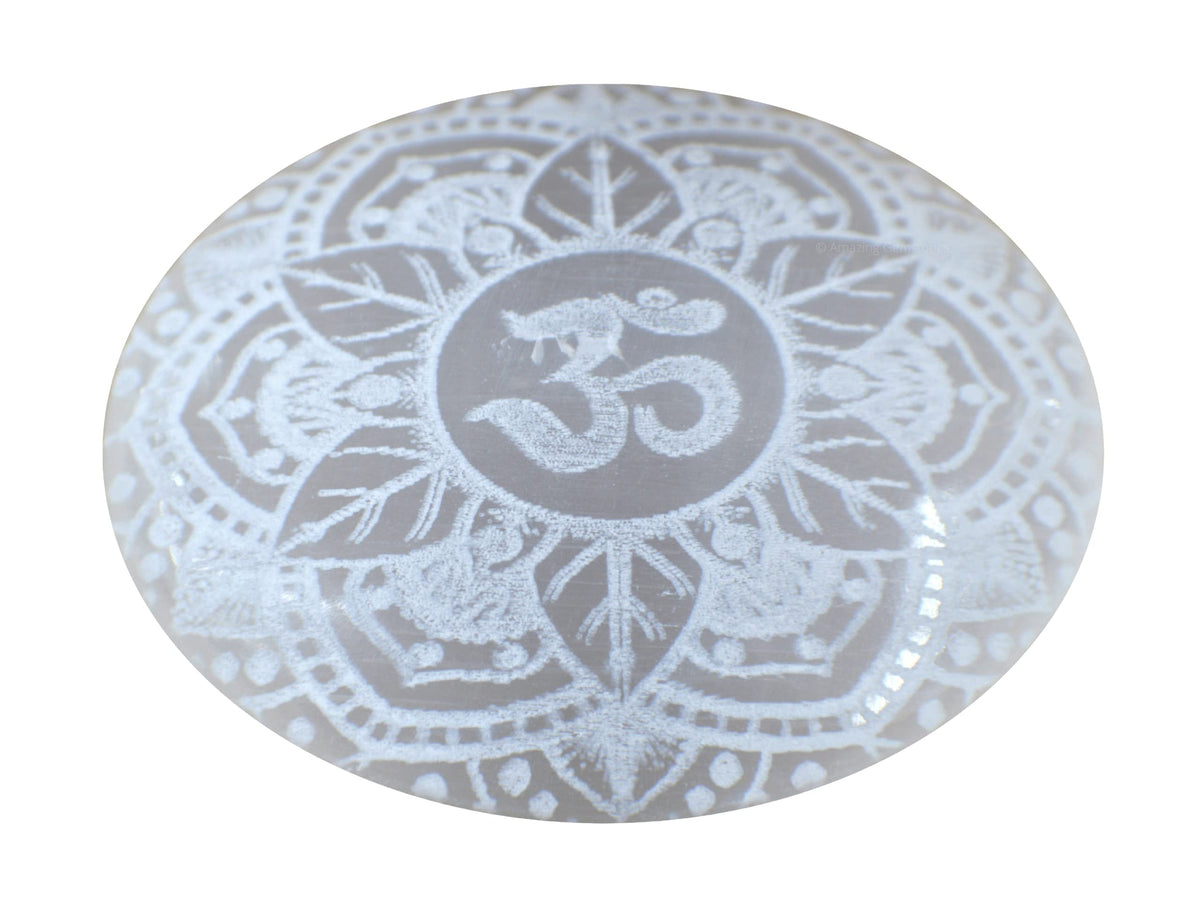 Amazing Gemstone Selenite Palm Stone - OM Engraved Hot Massage Worry Stone for Natural Body Chakra Balancing, Reiki Healing and Crystal Grid