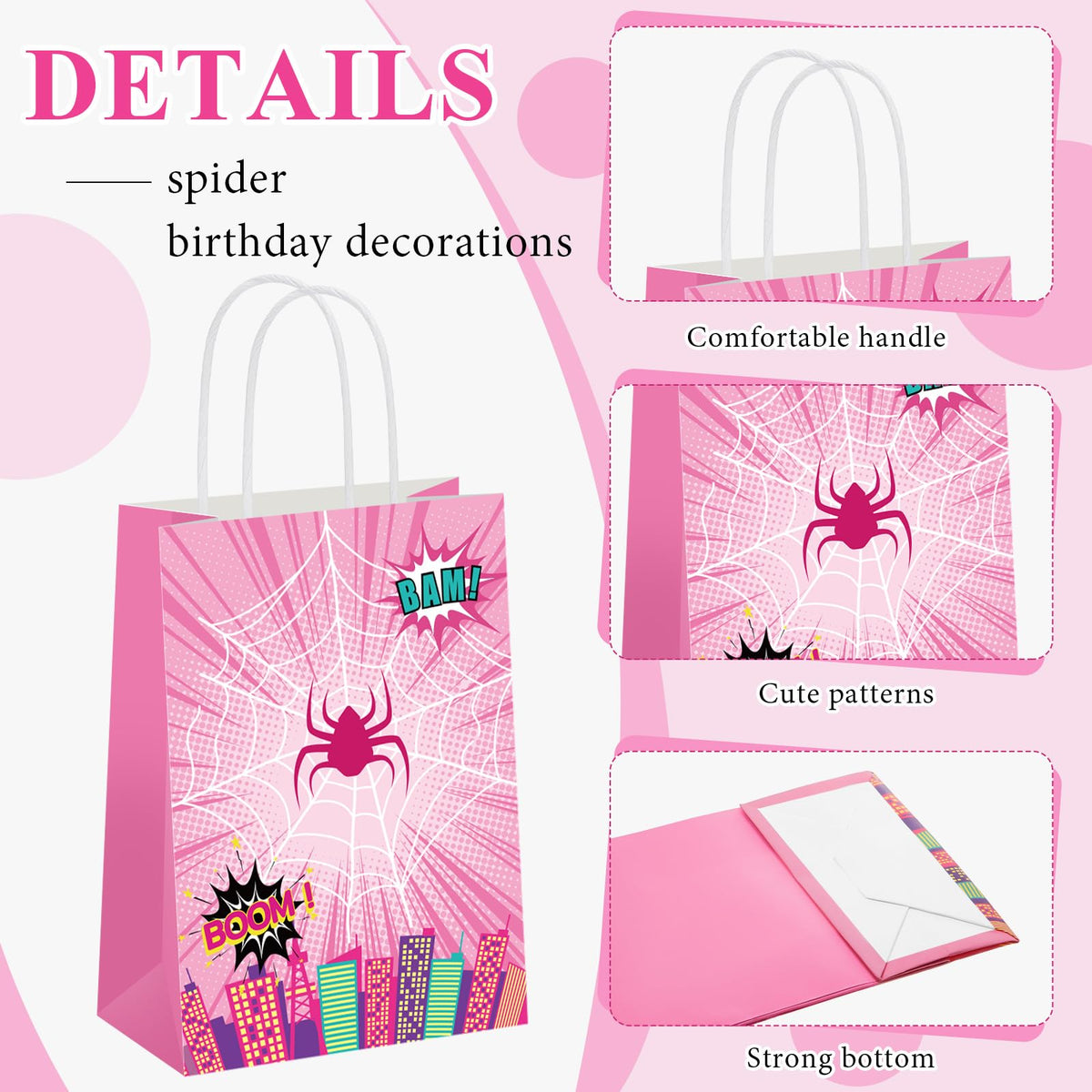 Henoyso 24 Pcs Pink Spider Party Favor Goodie Bags with Handles Pink Ghost Theme Birthday Decorations Treat Candy Snack Gift Bags for Baby Shower Birthday Party Supplies