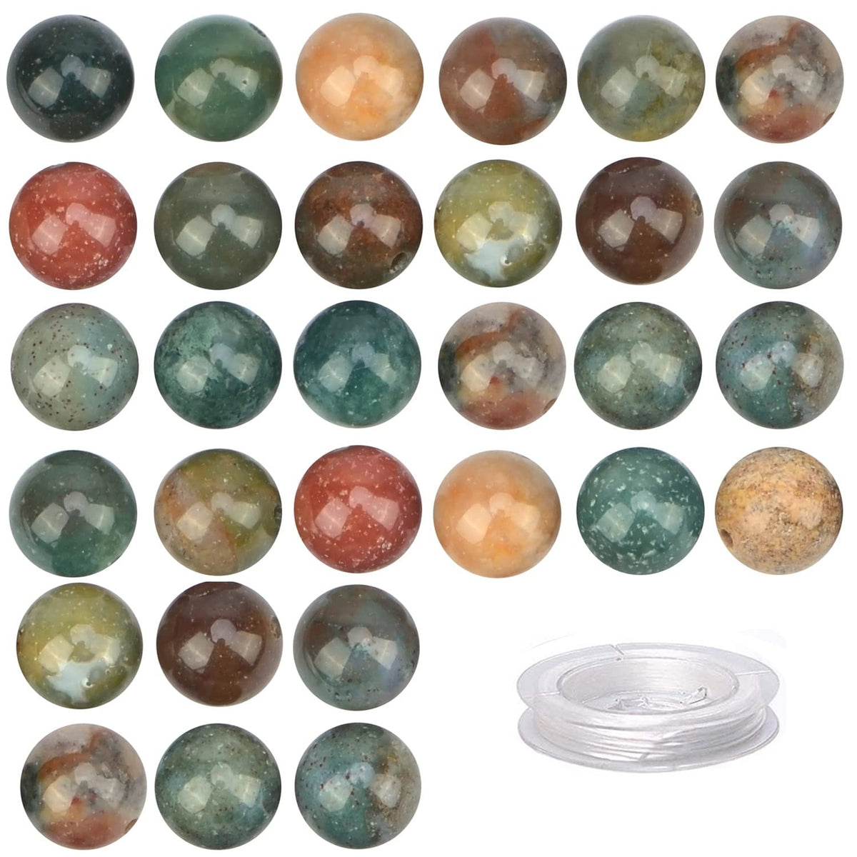 80Pcs Natural Crystal Beads Stone Gemstone Round Loose Energy Healing Beads with Free Crystal Stretch Cord for Jewelry Making (Indian Agate, 10mm)