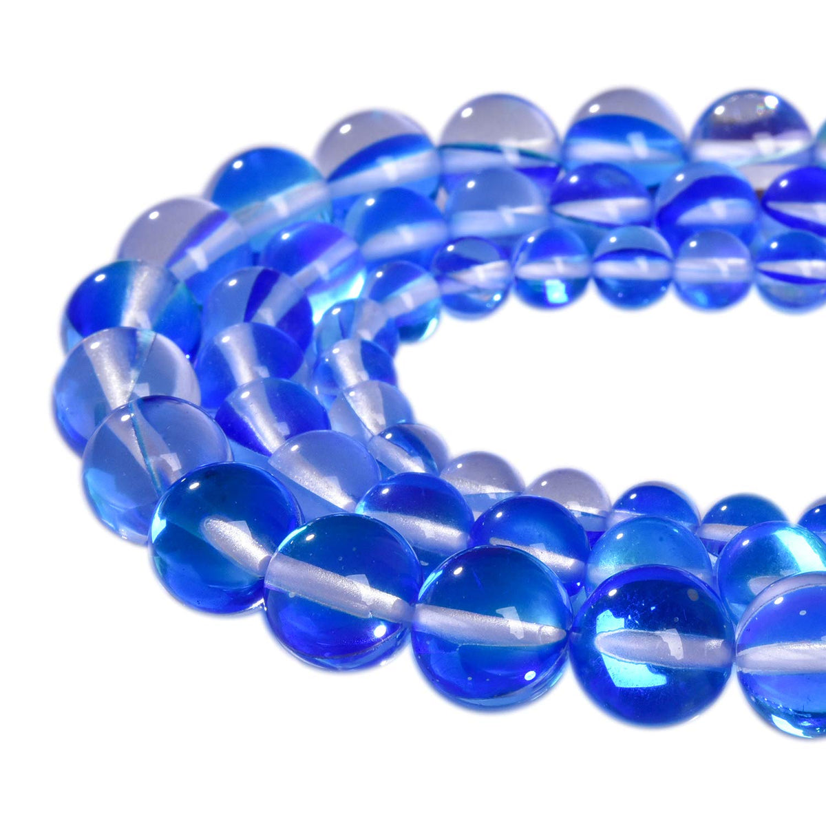 Asingeloo 48PCS 8mm Blue Angel Aura Round Gemstones Polished Mermaid Aura Moonstone Bead Smooth Stone Loose Beads Crystal Quartz for DIY Jewelry Making 1 Strand 15”