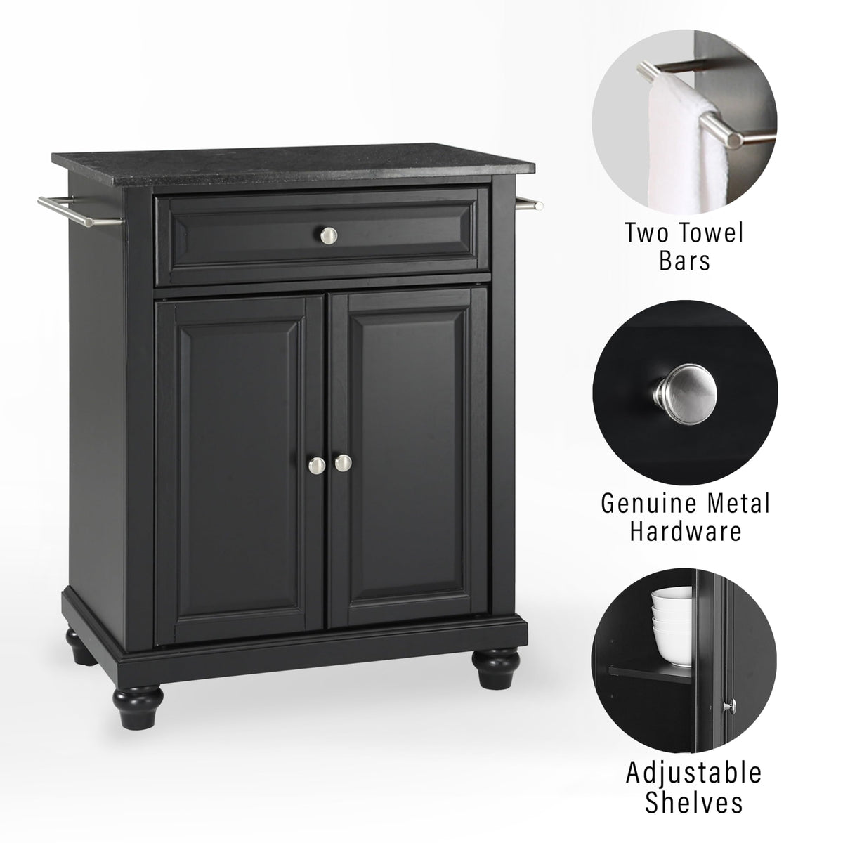 Crosley Furniture Cambridge Granite Top Small Portable Rolling Kitchen Island Storage Cart, Microwave Stand, Black
