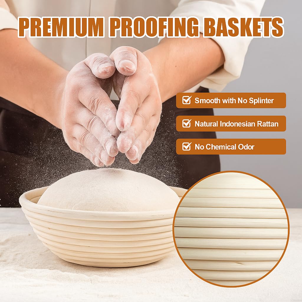 Proofing Baskets for Sourdough Bread Baking, 2 Pack Banneton Bread Proofing Basket 9 inch Round & 10 inch Oval Proofing Bowls for Sourdough Bread with Liner Making Baking Fermentation Tools Supplies