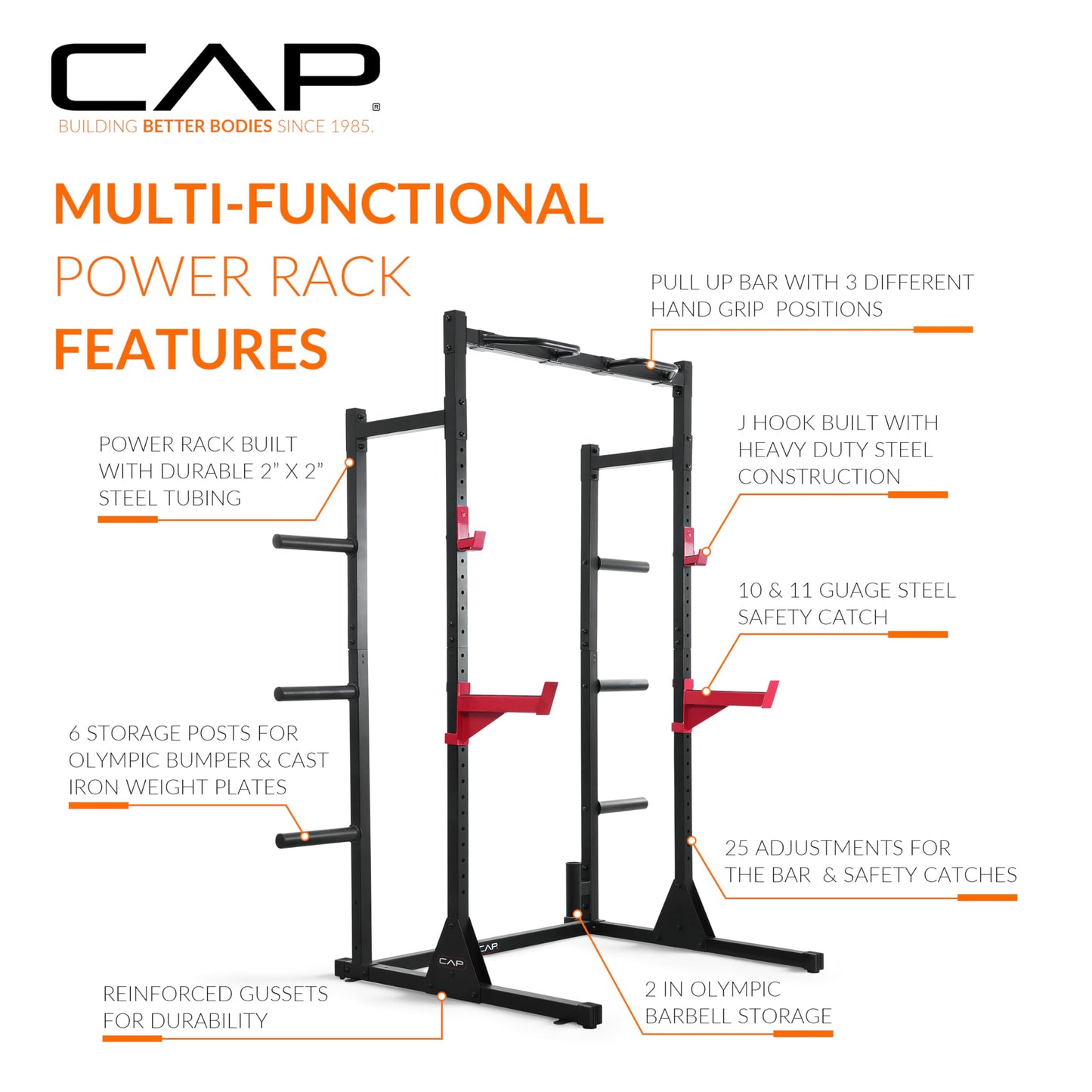 Cap Power Rack with Pull Up Bar & Attachments - Squat Rack & Strength Training Power Cage for Home Gym - RED