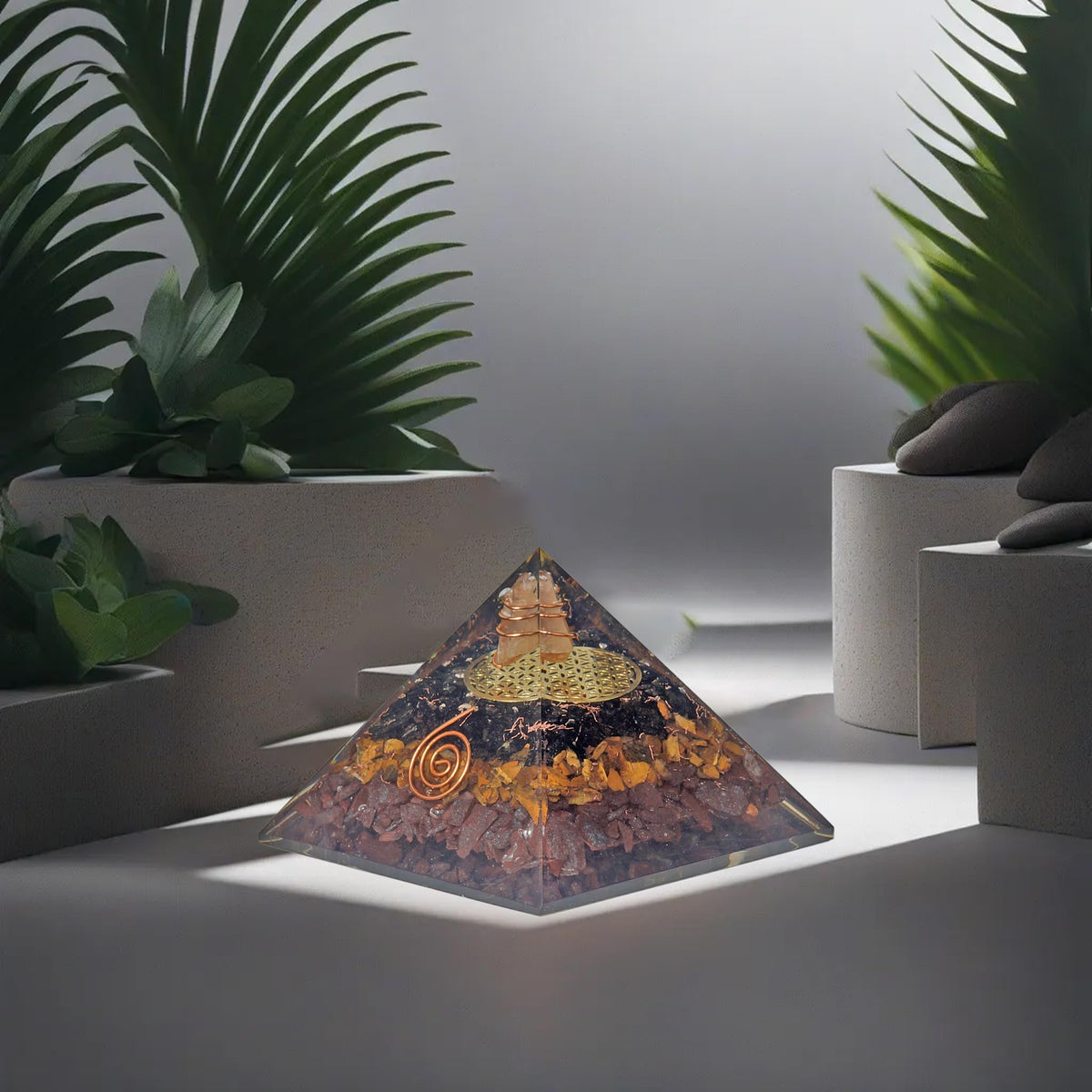 Orgonite Crystal Triple Protection Orgone Pyramid with Black Tourmaline, Tiger Eye and Hematite Crystal – Flower of Life Pyramid for Spiritual Healing, Meditation, Yoga, Reiki Gift, Office, Home Décor