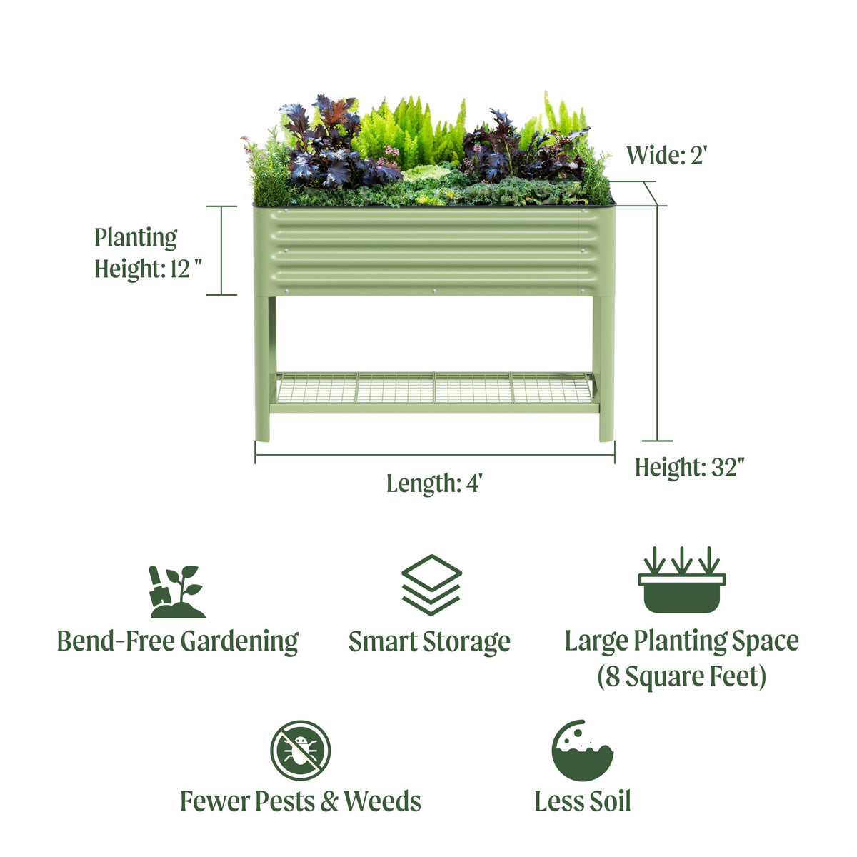 Elevated Raised Garden Bed-V Series, 2' x 4' Garden Beds with Legs & Storage Rack for Patio Porch, 700 Lbs Weight Capacity, Outdoor Planter Boxes for Gardening Herbs Vegetables Flowers, Olive Green