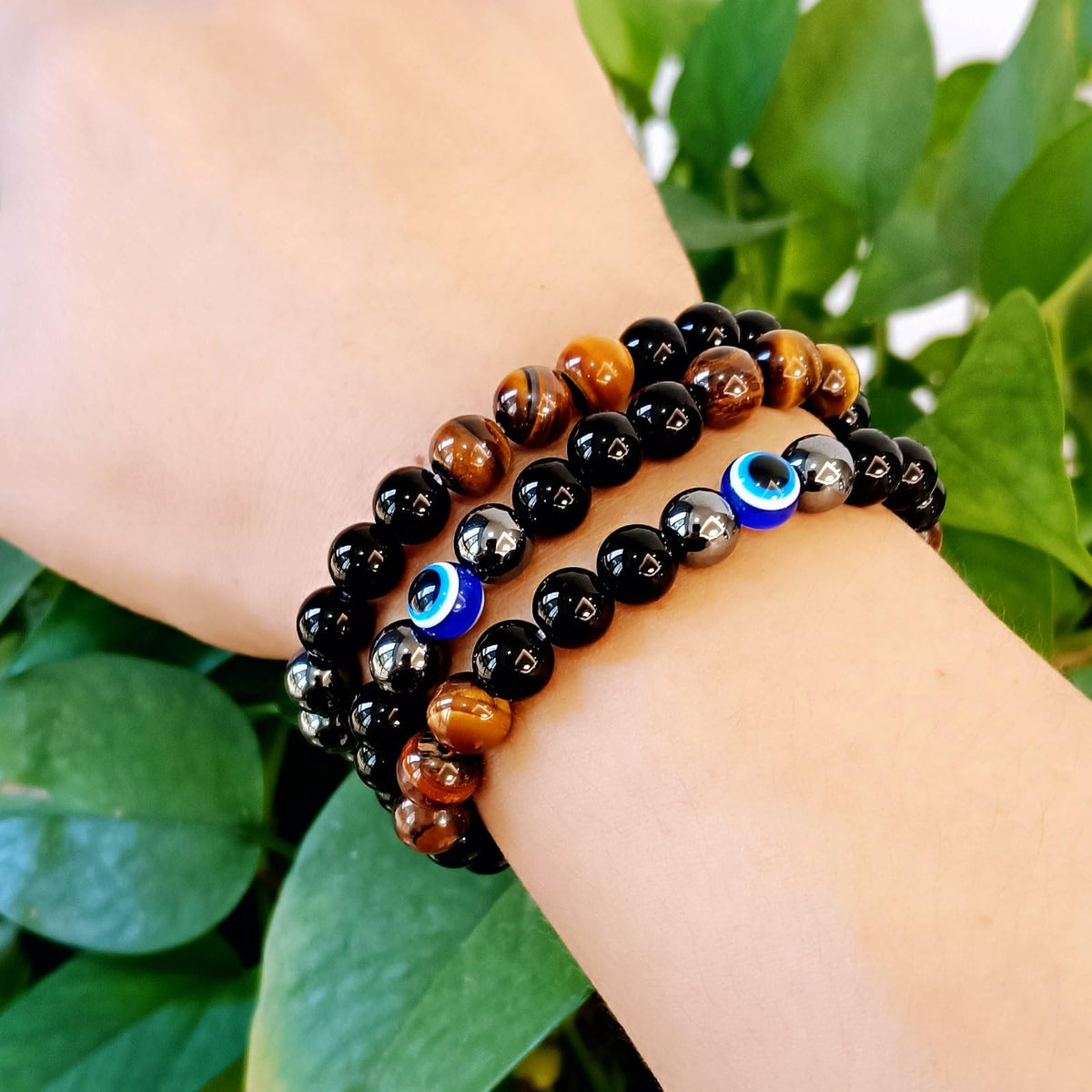 WEFRIN Evil Eye with Hematite Black Obsidian Tiger Eye Stone Triple Protection Bracelets for Men Women, Crystal Stone Bracelet Bring Luck Prosperity and Happiness Jewelry