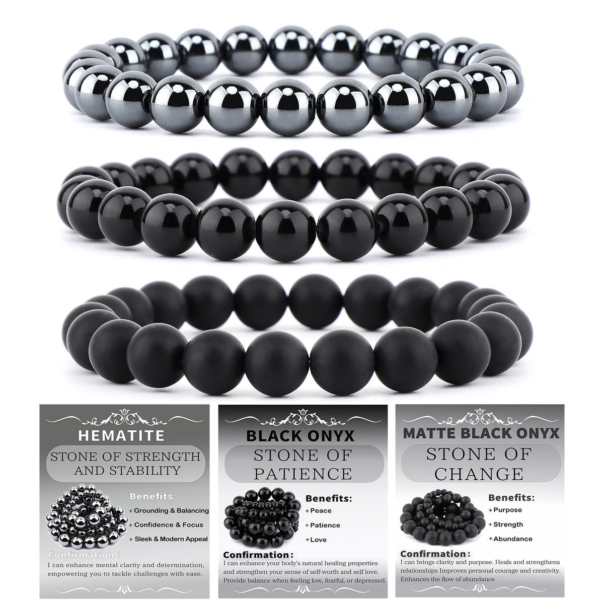 NCB 3-Piece 8mm Natural Crystal Gemstone Stretch Bracelets – ﻿Black Onyx, Hematite, Matte Black Agate Handmade Reiki Energy Healing Jewelry for Meditation,Yoga, Unisex