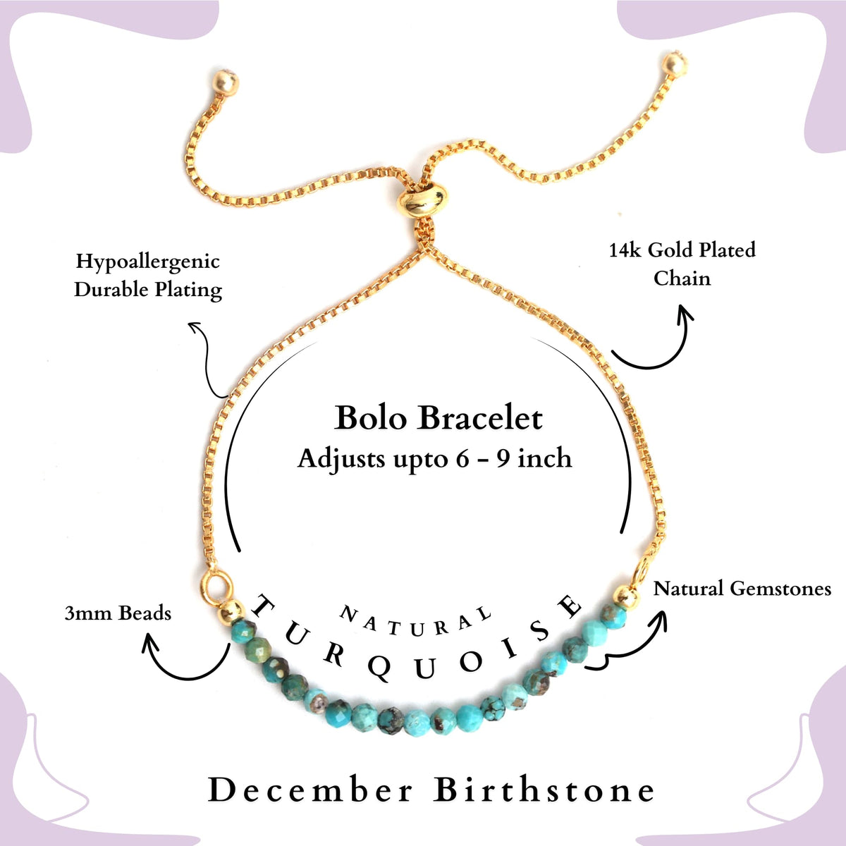 Gempires Turquoise Beaded Bracelet, Birthstone Bracelet, December Birthstone Jewelry, Bolo Beads Bracelet, 14k Gold Plated Chain (6-9 inch Adjustable Length)