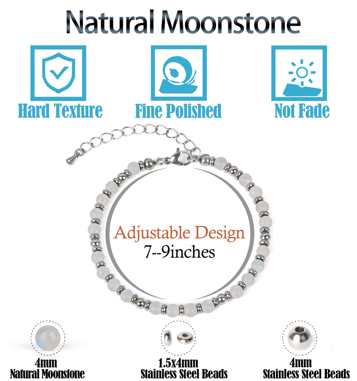 4mm Moonstone Tiny Beaded Bracelets For Women, Energy Gem Charm Jewelry Adjustable Bracelet Gifts for Mom, Daughter, Wife, Coworkers, Friends, Bestie