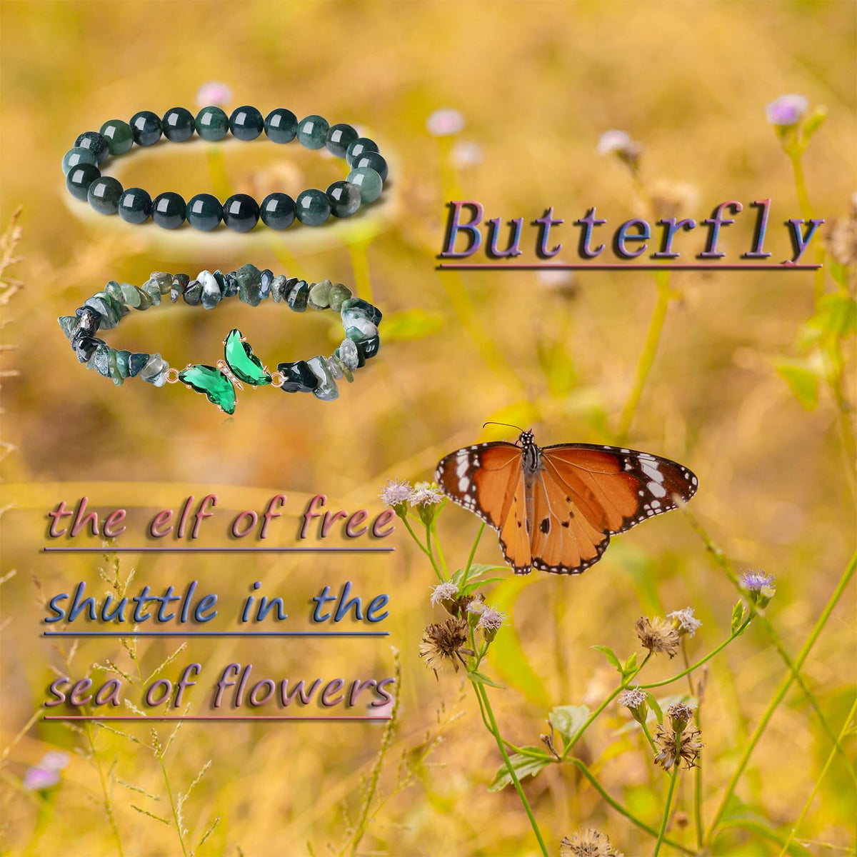DUQGUHO 2Pcs Butterfly Bracelets for Women Moss Agate Bracelets Green Healing Crystal Bracelet Natural Gemstone Stretchable Jewelry 8mm Beaded Bracelet Gifts for Women
