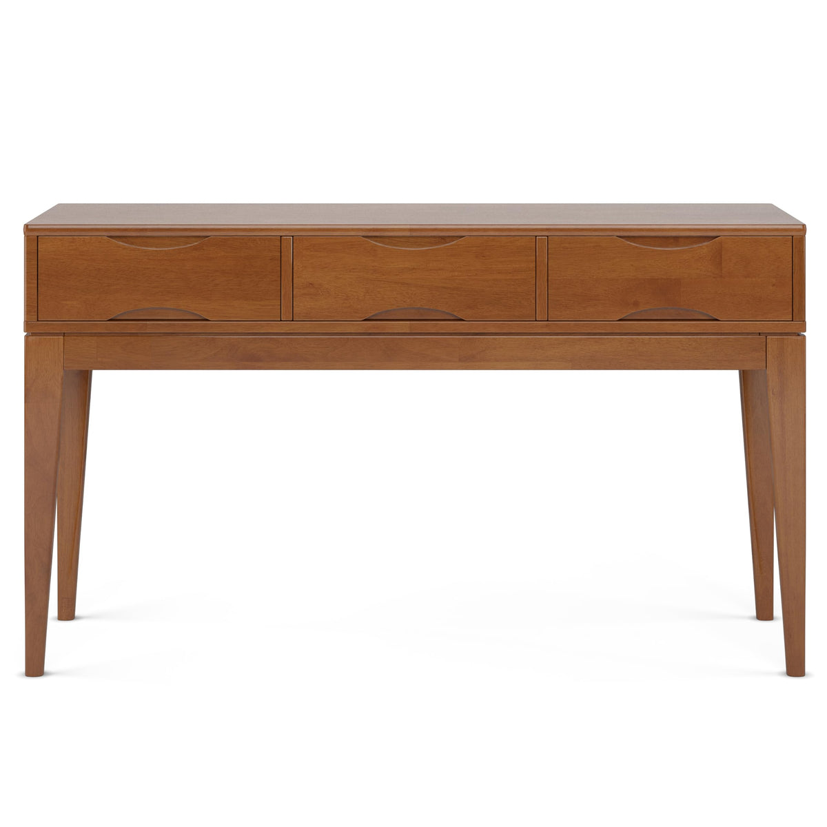 SIMPLIHOME Harper Console Table - 54 Inch Wide Solid Hardwood Sofa Table in Teak Brown, Mid-Century Modern Storage Table for Entryway or Living Room with 3 Drawers, Notched Handles, and Tapered Legs