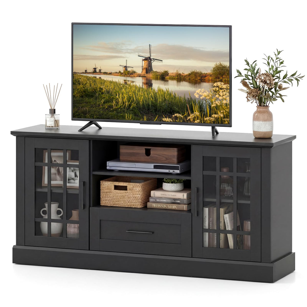 Giantex Farmhouse TV Stand for 65/70 Inch TV, Tall Entertainment Center with Storage Cabinets, Glass Doors, Drawer, Removable Shelves, Media TV Console Table for Living Room, Bedroom (Black)