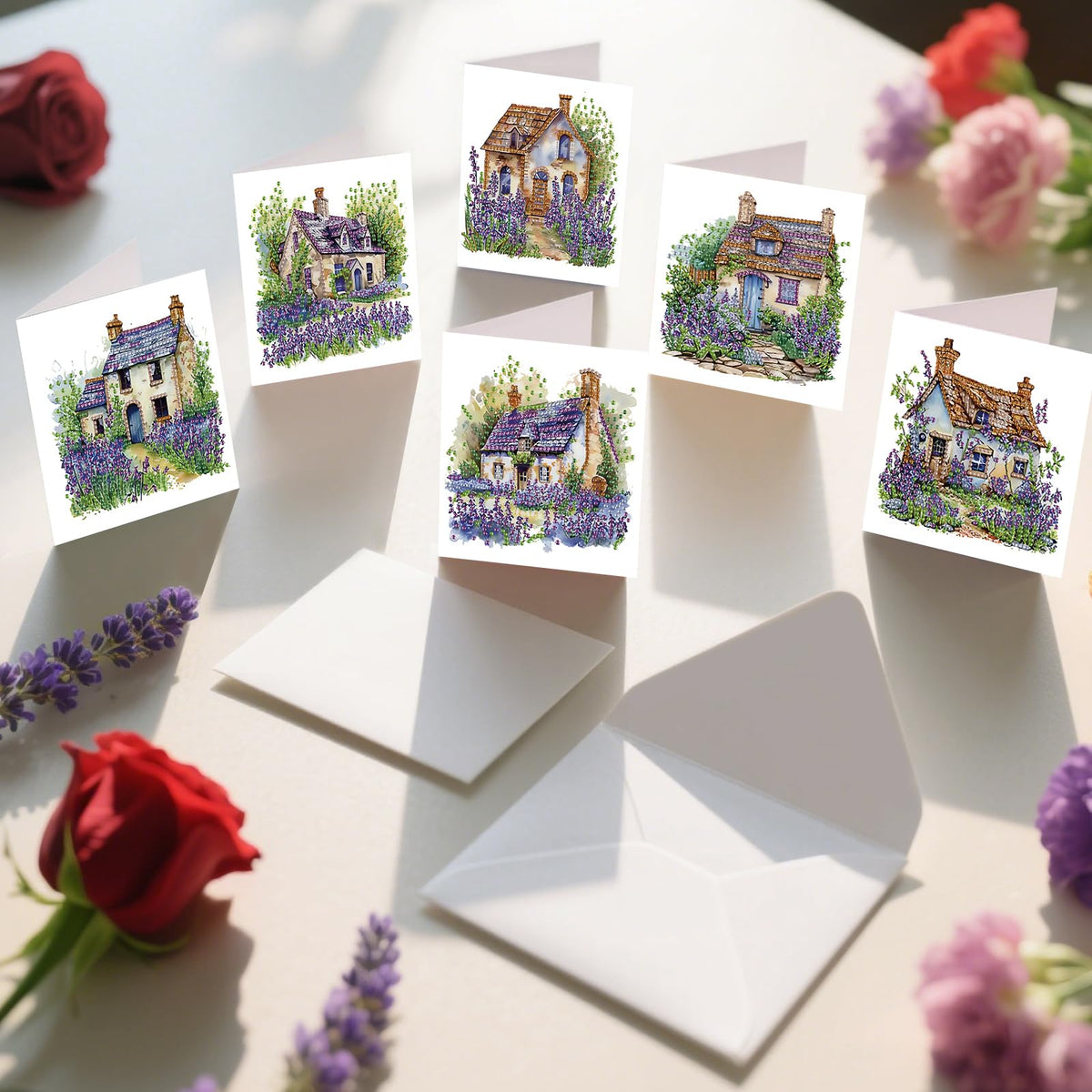 C'eitura 12Pcs Lavender Diamond Art Painting Greeting Card Kit with Envelopes, DIY Floral Christmas Birthday Thanksgiving Card Making Set, Calming Handmade Card Craft